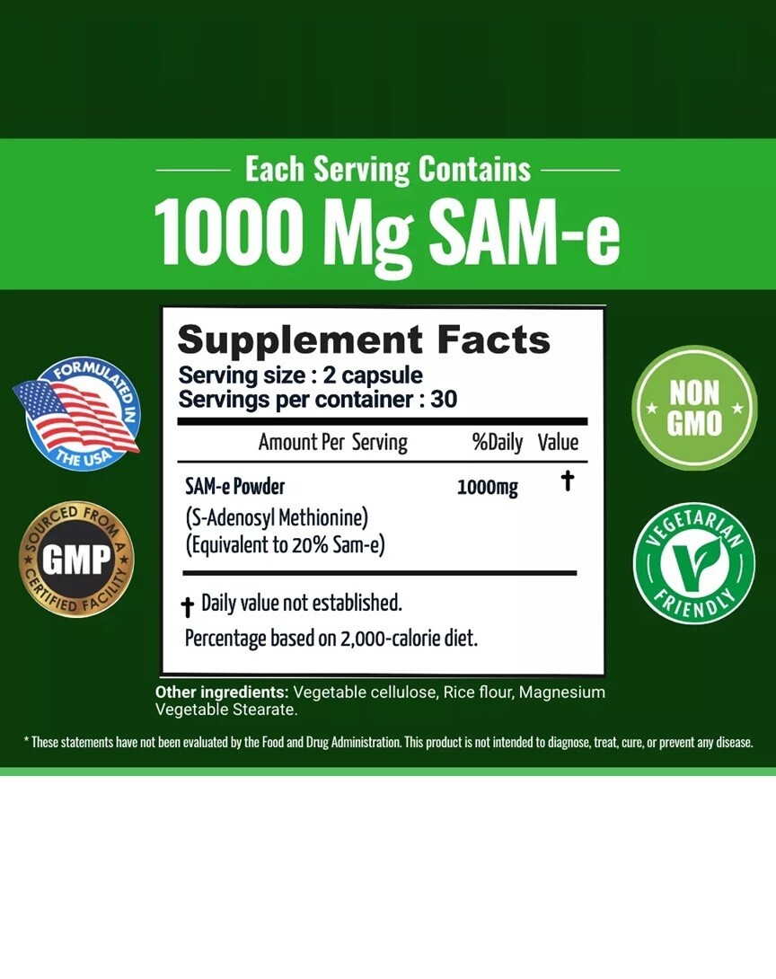 SAM-e 1000mg, High Potency Anxiety Relief Mood Liver & Joint 120 Caps