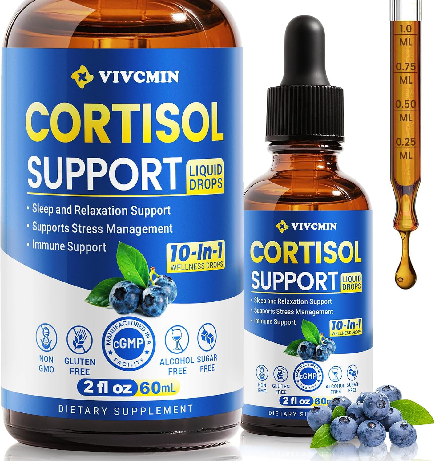 vivcmin 10 in 1 Cortisol Supplements for Women, Mood Support, 2 Fl Oz | Drops, C