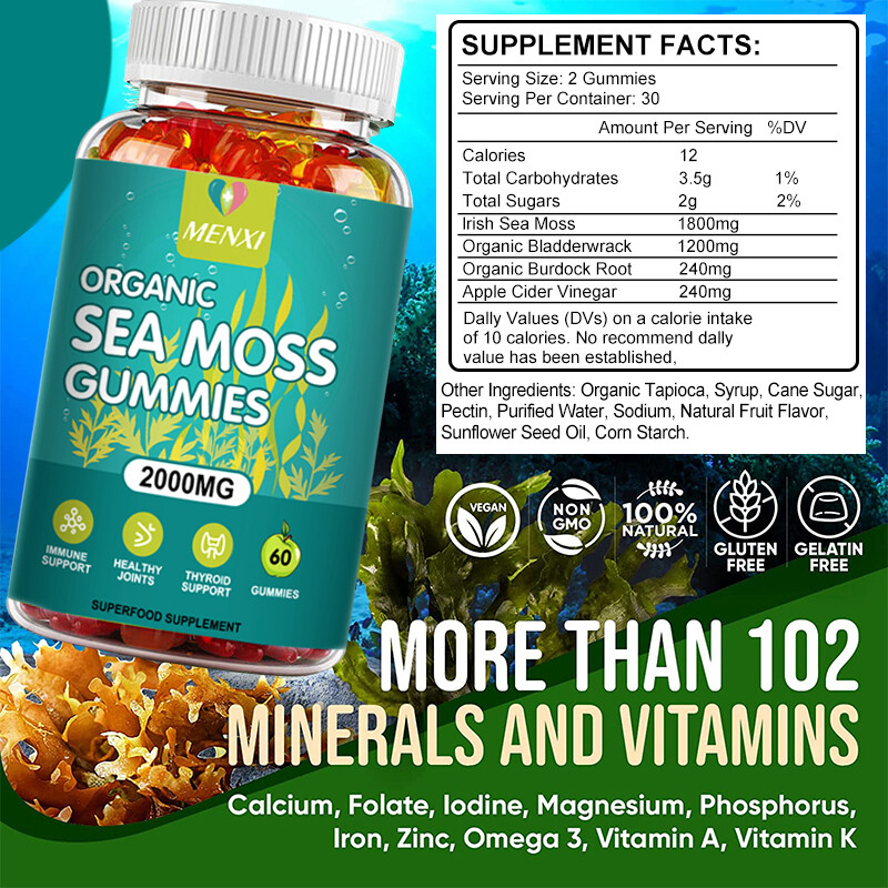 Sea Moss Gummies 2000mg – Irish sea Moss raw Organic Bladderwrack (1-4 Pack) USA