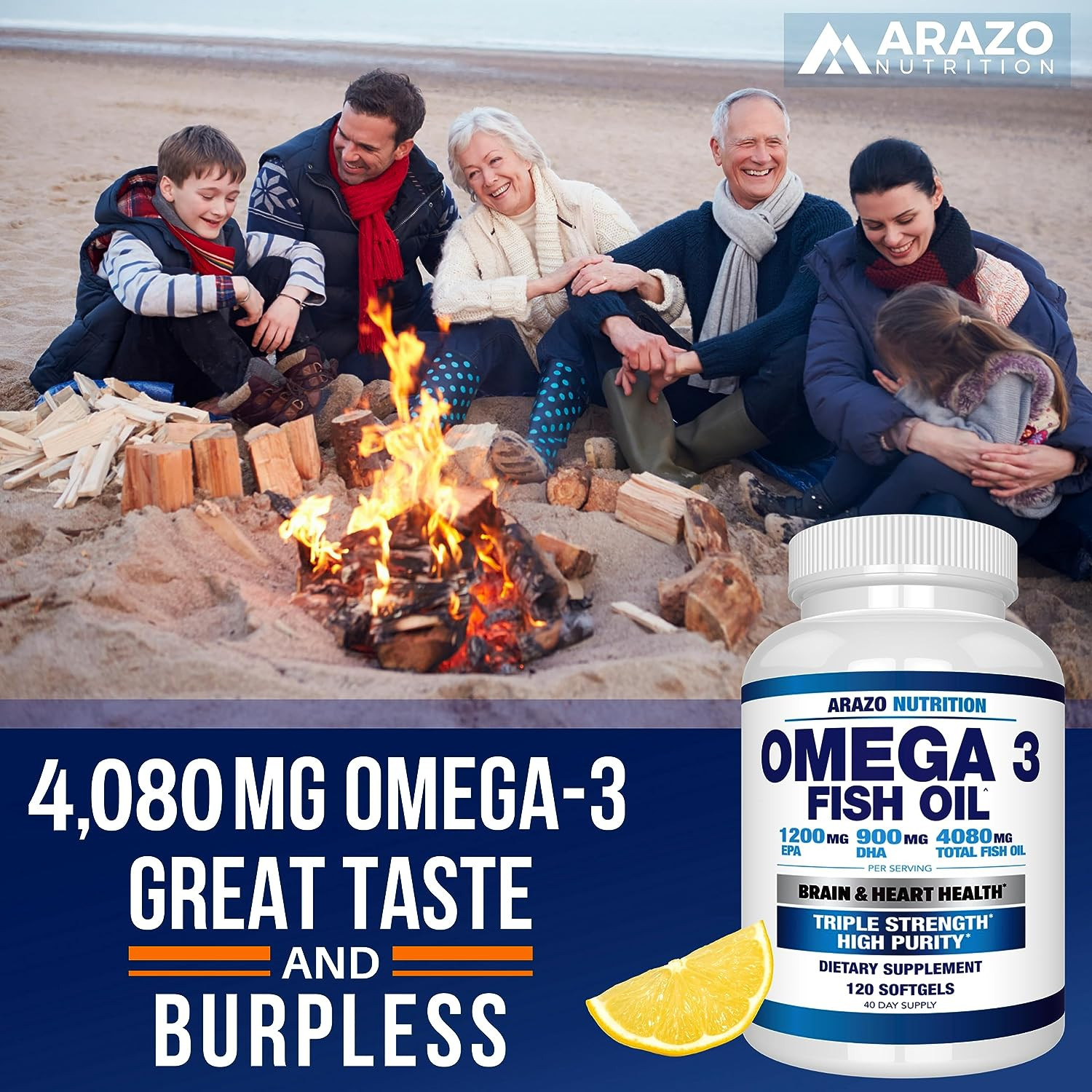 Arazo Nutrition Wild Caught Omega 3 Fish Oil – 120 Soft Gels – 4,080Mg High EPA
