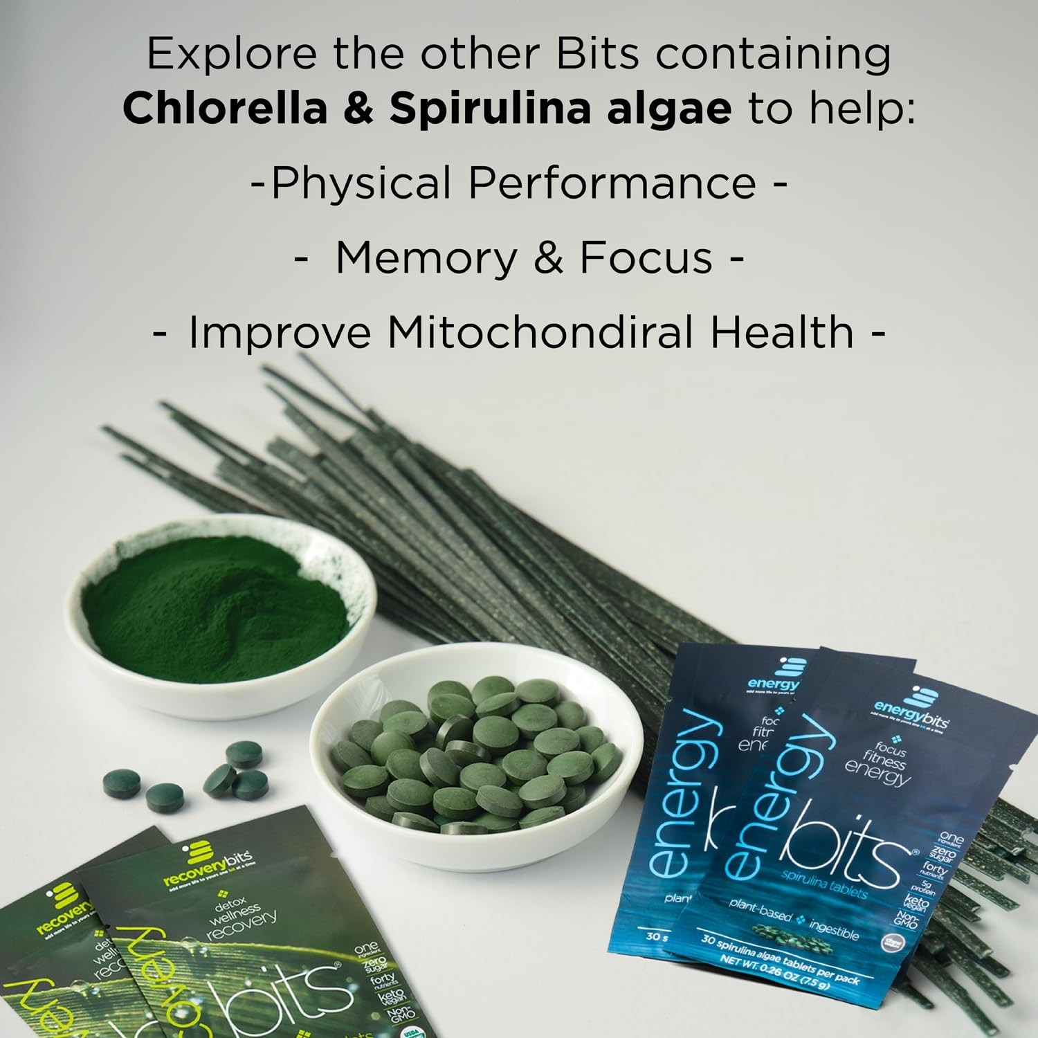 ENERGYbits – Organic Spirulina & Chlorella Tablets – Packs 4 Bags, 30/Bag