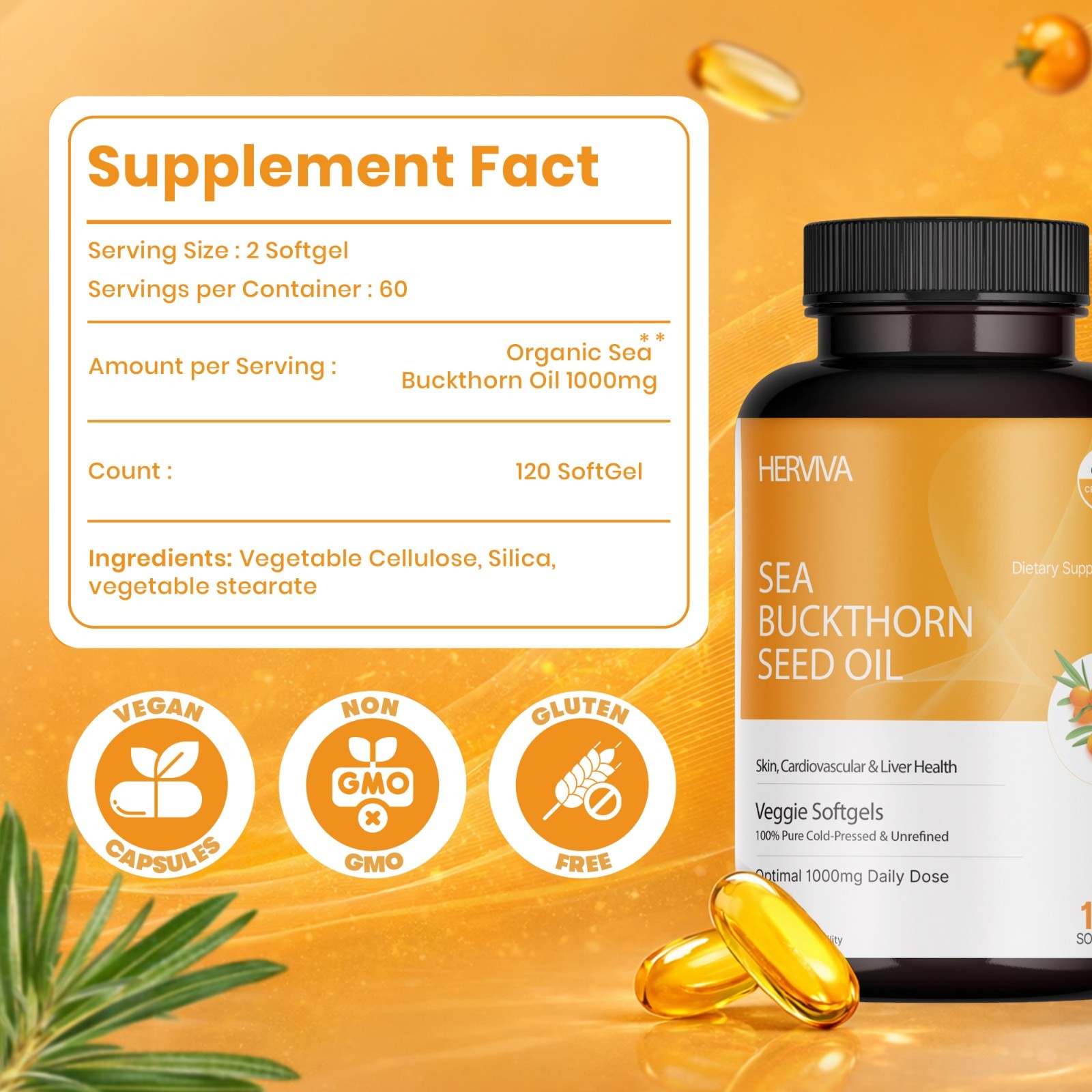 Seabuckthorn Oil Soft Gels 1000 mg per Serving Plant Based 120 Count(60 Serving)