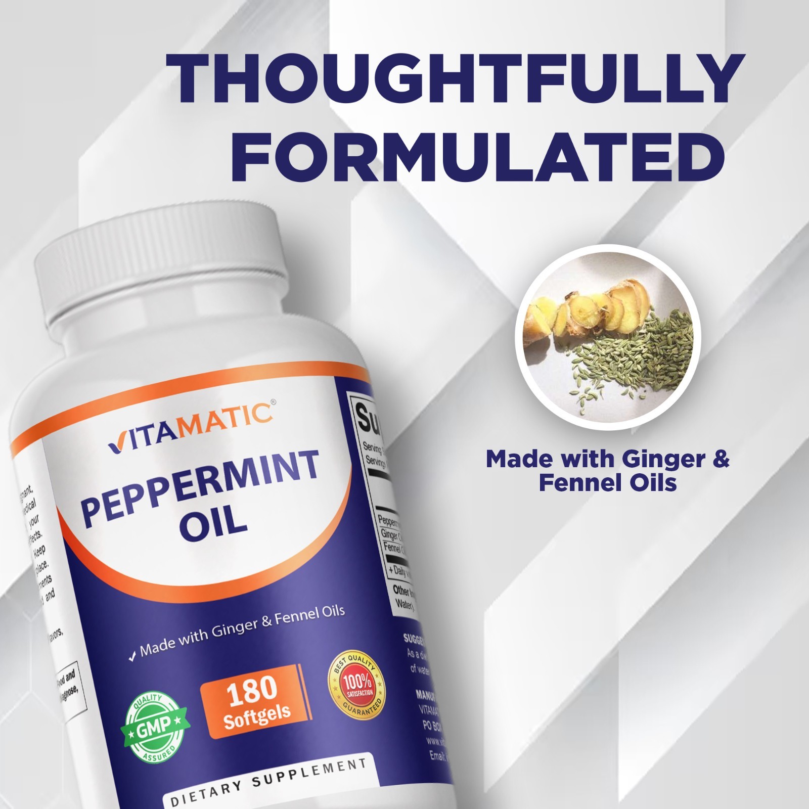 Vitamatic Peppermint Oil Gel with Ginger & Fennel Oils, 550mg per Serving, 180 S
