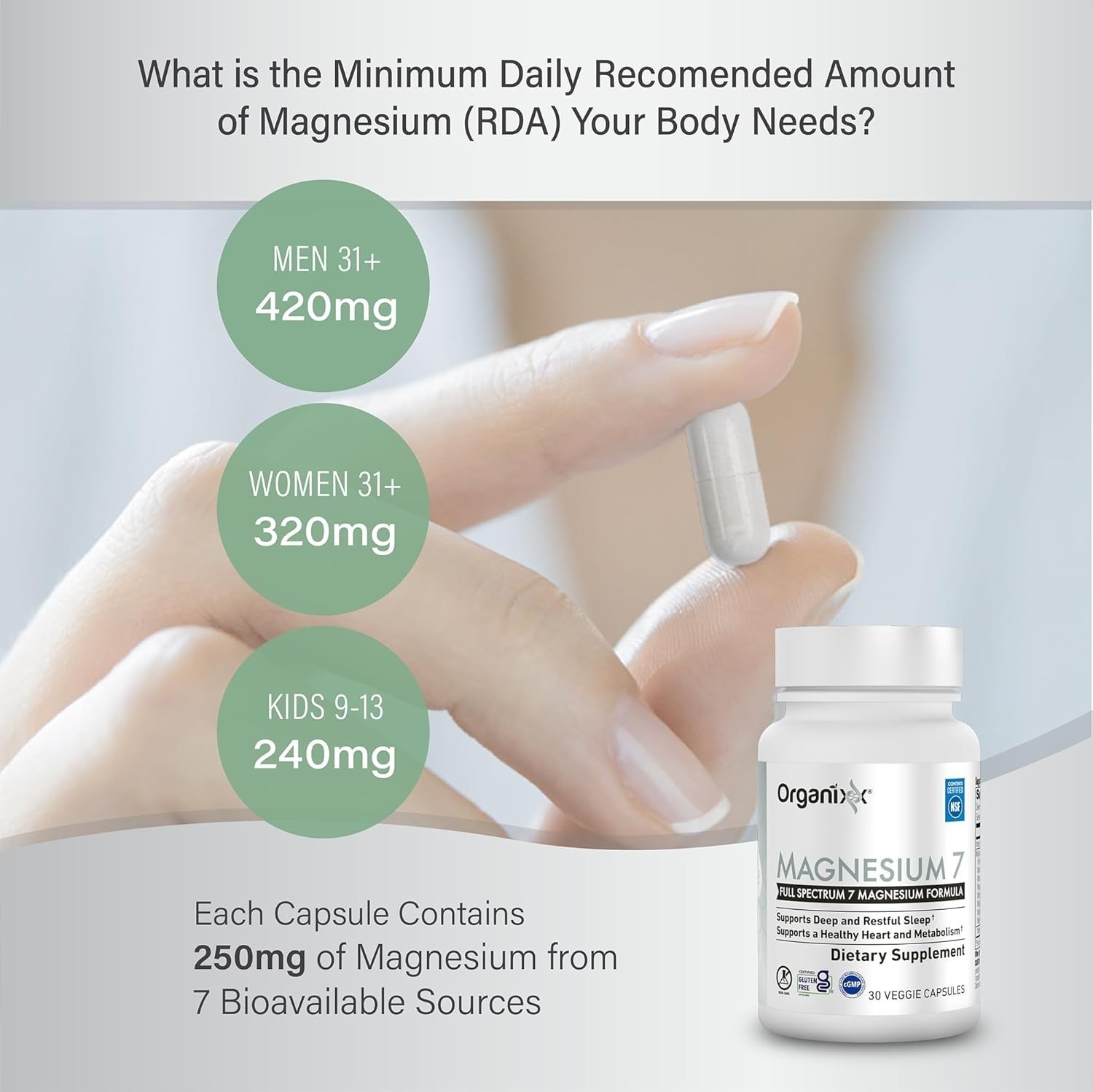 3x Organixx Magnesium 7 Supplement, Natural Magnesium Capsules for Sleep Support