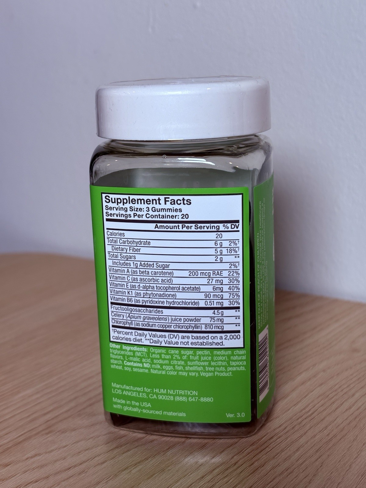 HUM Celery Juice Fiber Gummies 60 Vegan Prebiotic Fiber Chlorophyll Green Apple