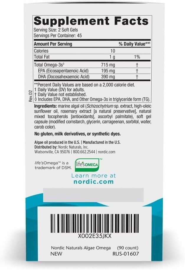 Nordic Naturals Algae Omega 90 Soft Gels 715 mg Omega-3 Certified Vegan