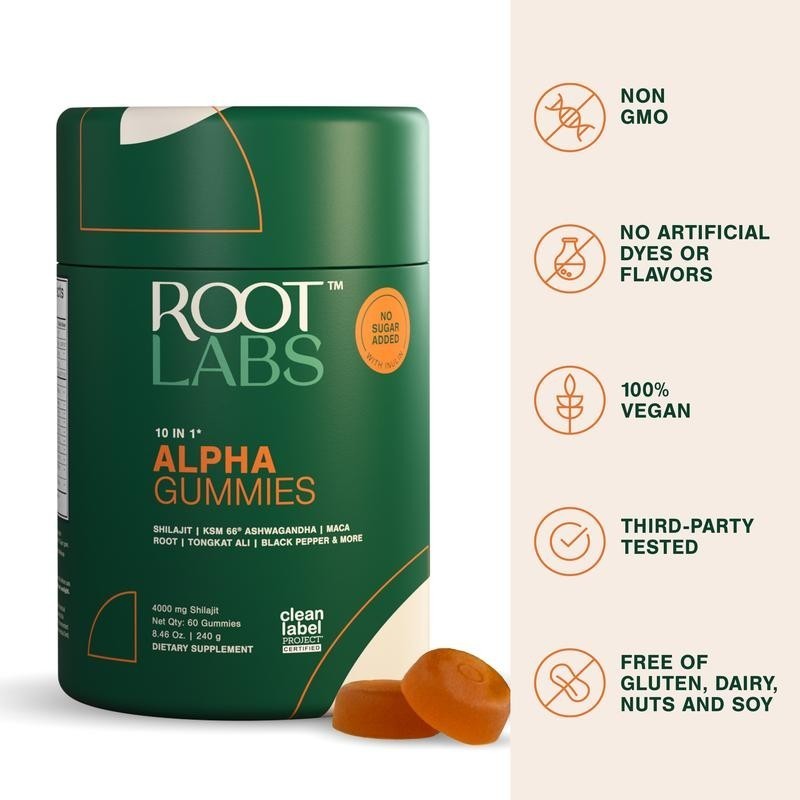2 BOTTLES- Root Labs 10-1 Alpha Gummies |4K mg Pure Shilajit &KSM-66 |60 Gummies
