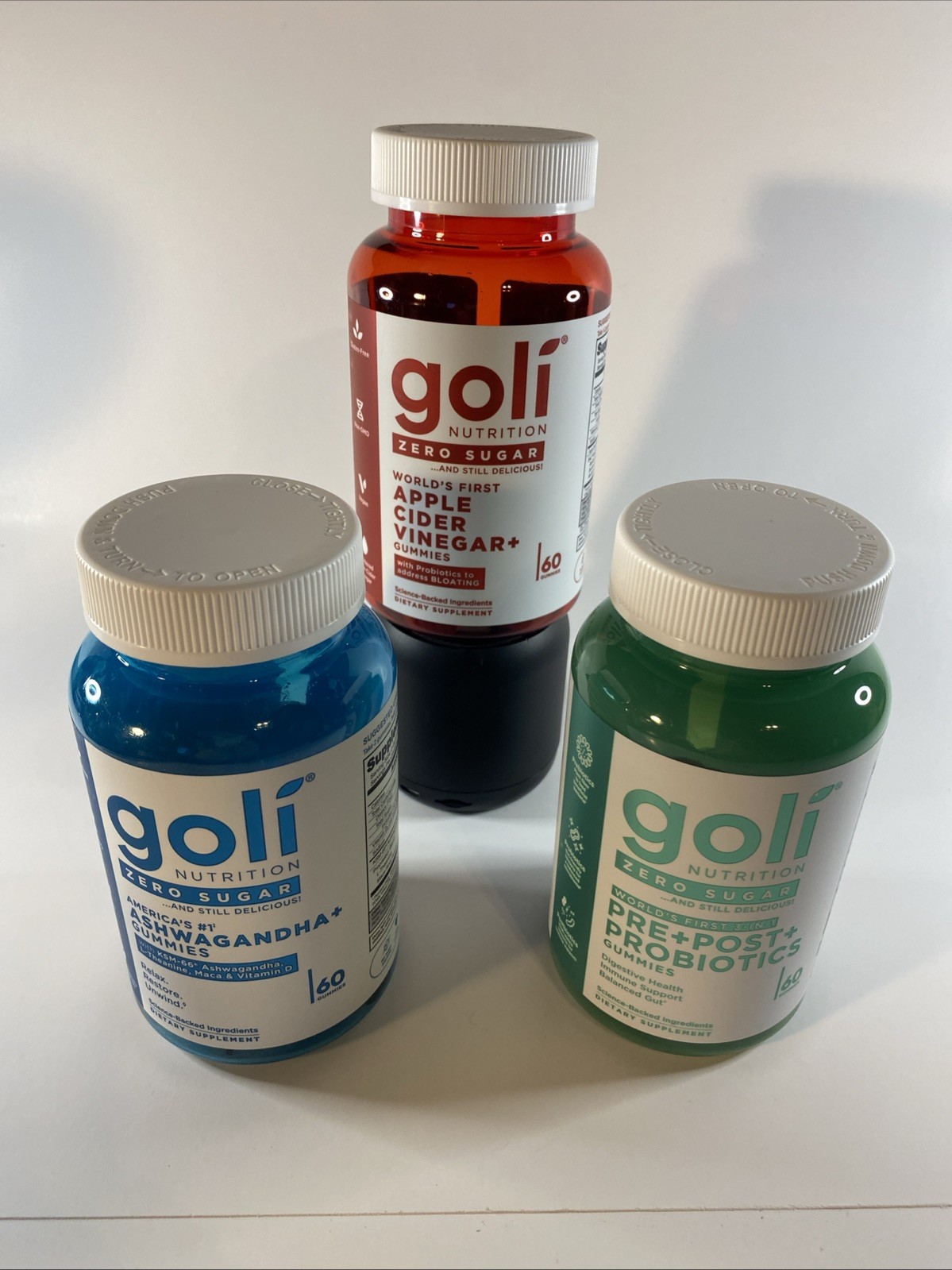 NEW 3 Bottles Goli Zero Sugar Best Seller Trio Set Gummies, 60 Counts Per Bottle