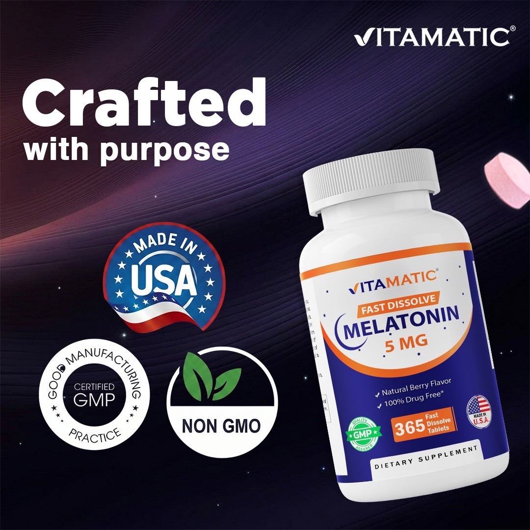 Vitamatic Melatonin 5 mg Tablets | Vegetarian, Non-GMO, Gluten Free – 365 Days