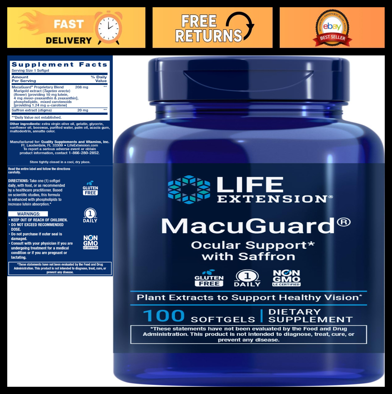 Ocular Support Supplement with Saffron – 100 Softgels for Eye Health & Vision