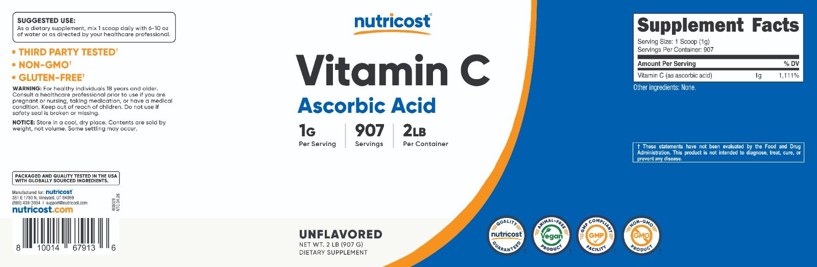 Nutricost Vitamin C Powder 2 LBS – Pure High Quality Vitamin C (Ascorbic Acid)