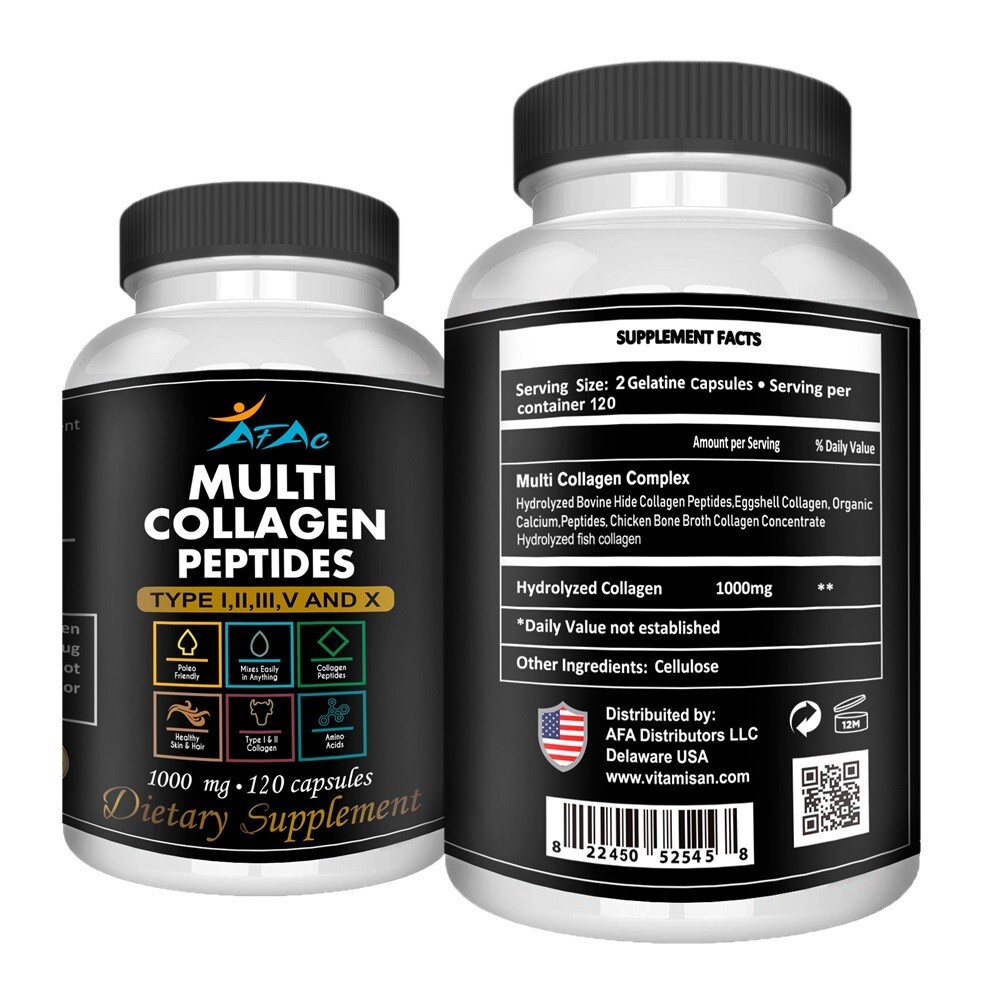 Collagen Peptides pills 1000 mg Hydrolyzed Collagen i, ii,iii,V,X 240 capsules