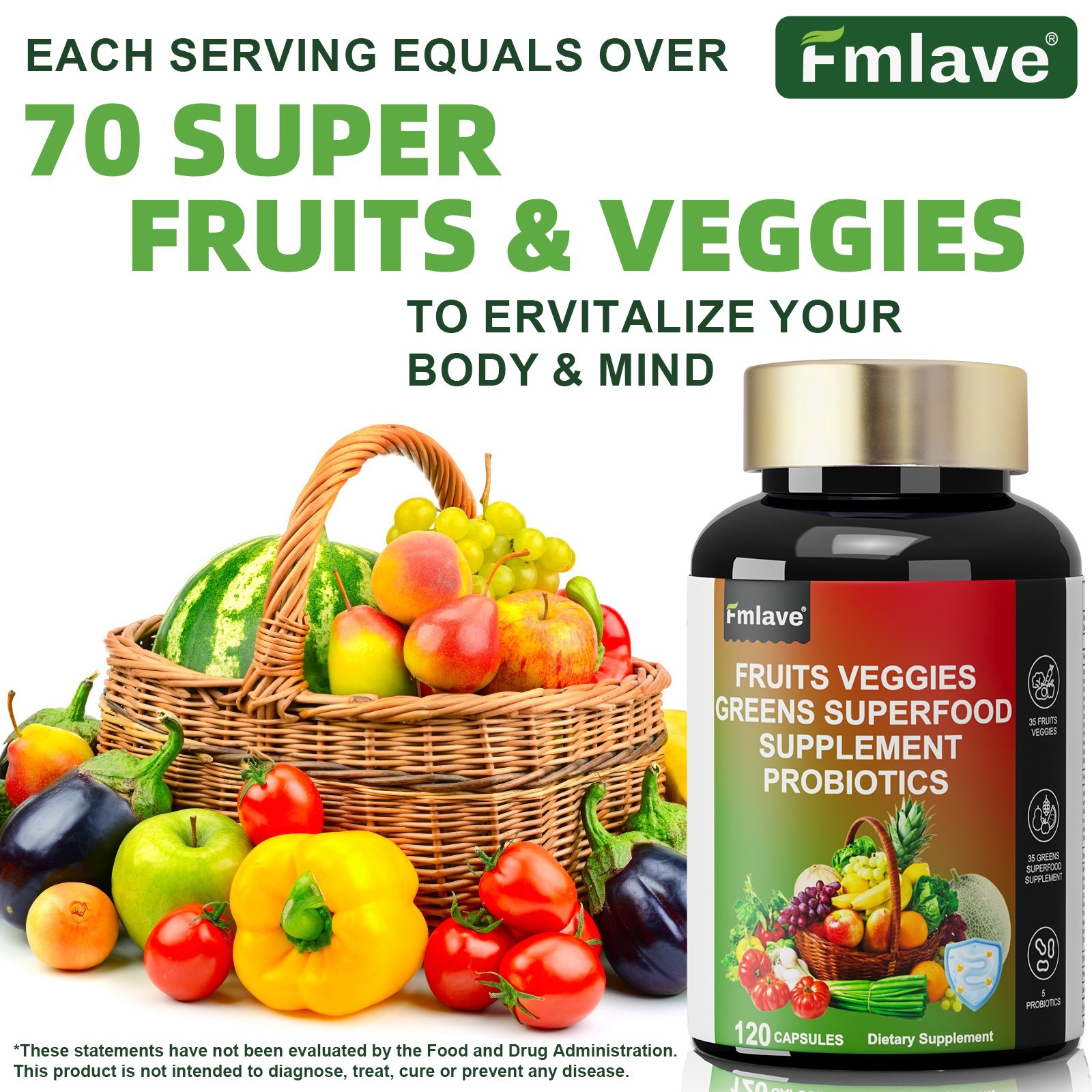 70 Fruits and Veggies Whole Food Supplement with Superfood & 5 Probiotic Strains