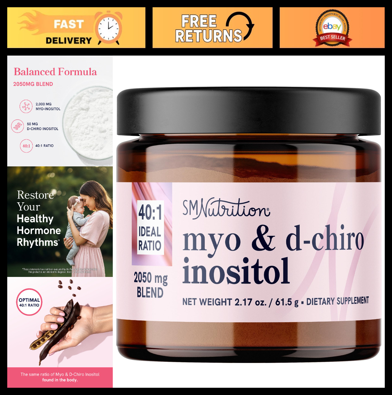 Myo-Inositol & D-Chiro Inositol Powder for Hormone Balance, 2.17 oz, 30 Servings