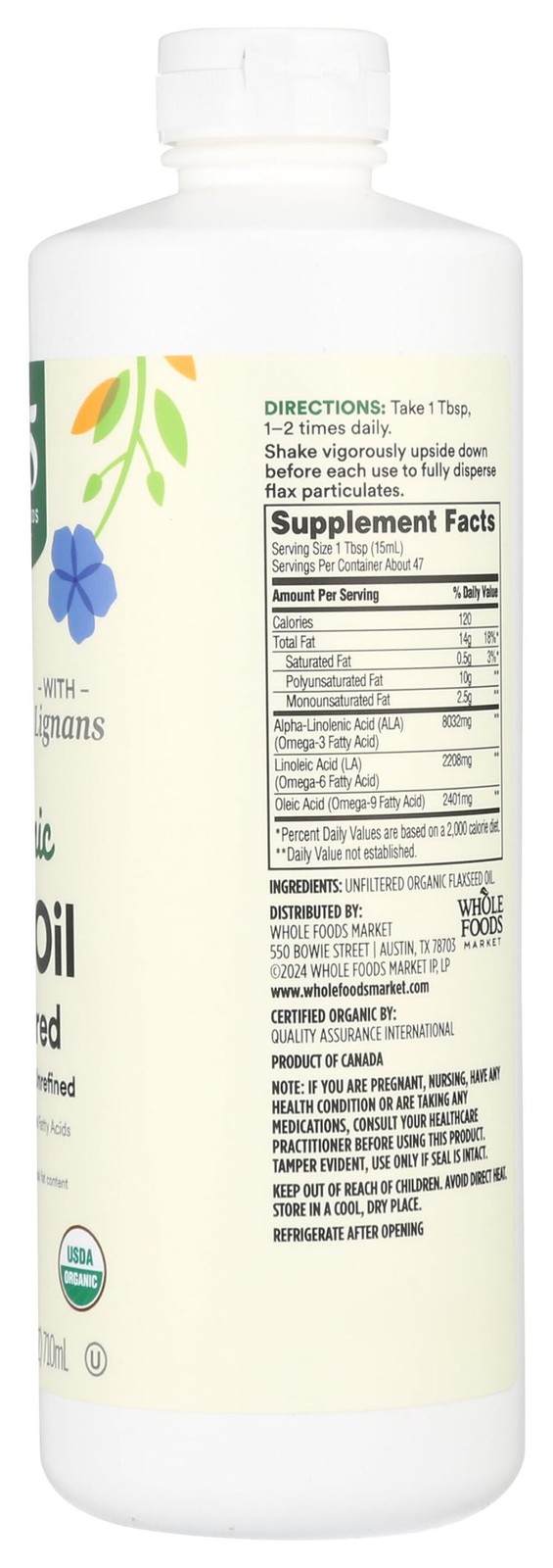 365 by Whole Foods Market, Organic Flax Oil High Lignan, 24 Fl Oz 8/2026