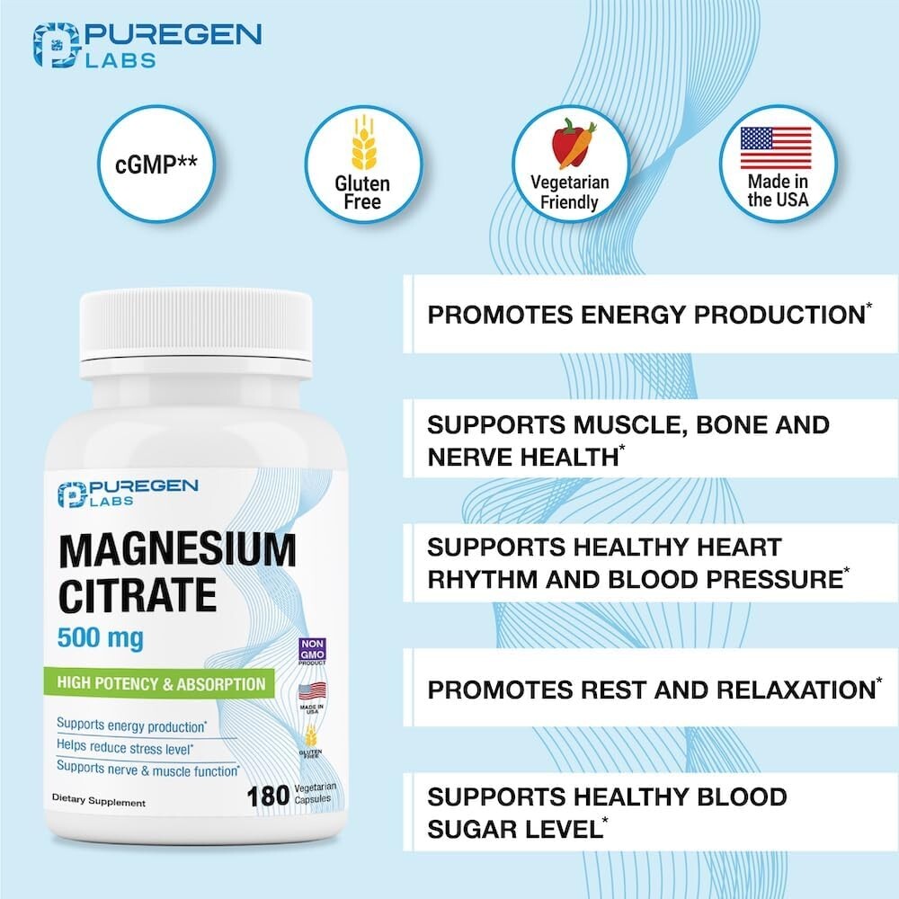 Puregen Labs Magnesium Citrate 500 mg | 180 Vegetarian Capsules | Exp 6/27