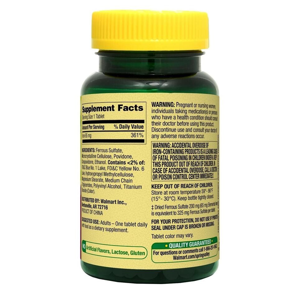Iron 65 Mg Support Red Blood Cell Production Ferrous Sulfate 325 Mg, 100 Tablets