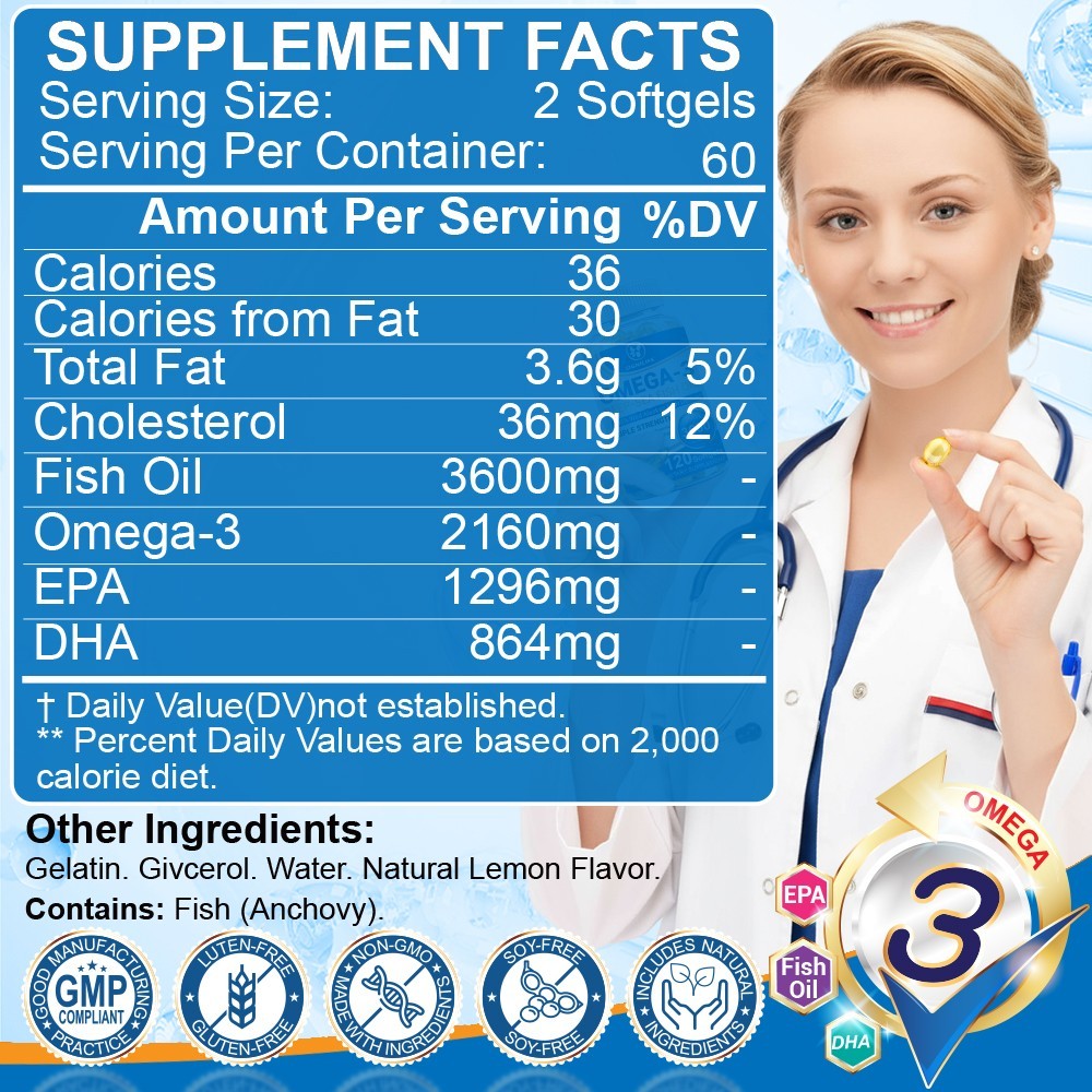 3x Strength EPA & DHA Omega 3 Fish Oil 3600mg, Highest Potency, 120 Softgels
