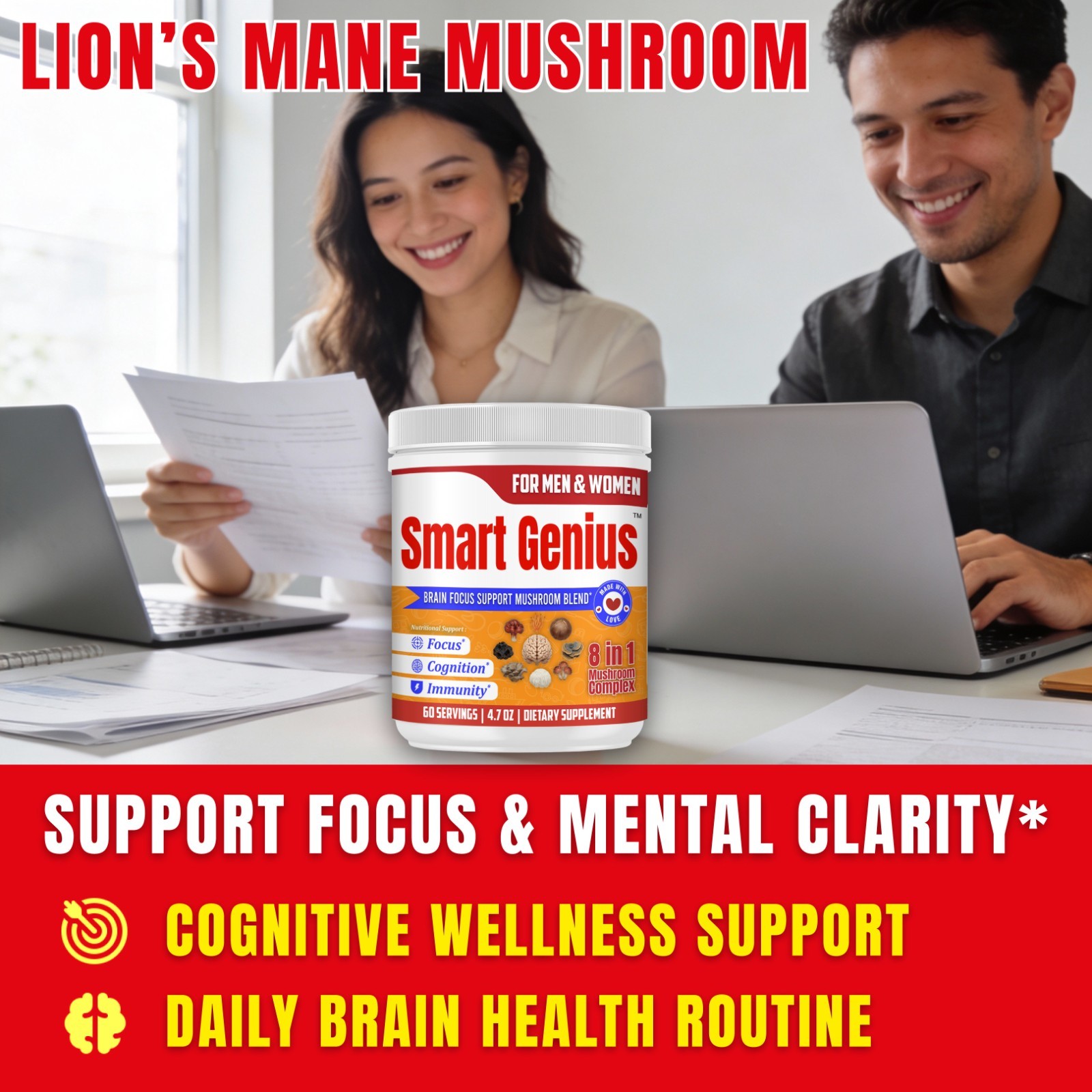 Mushroom Powder Blend for Focus Memory Cognitive Support Brain Formula 60Serving