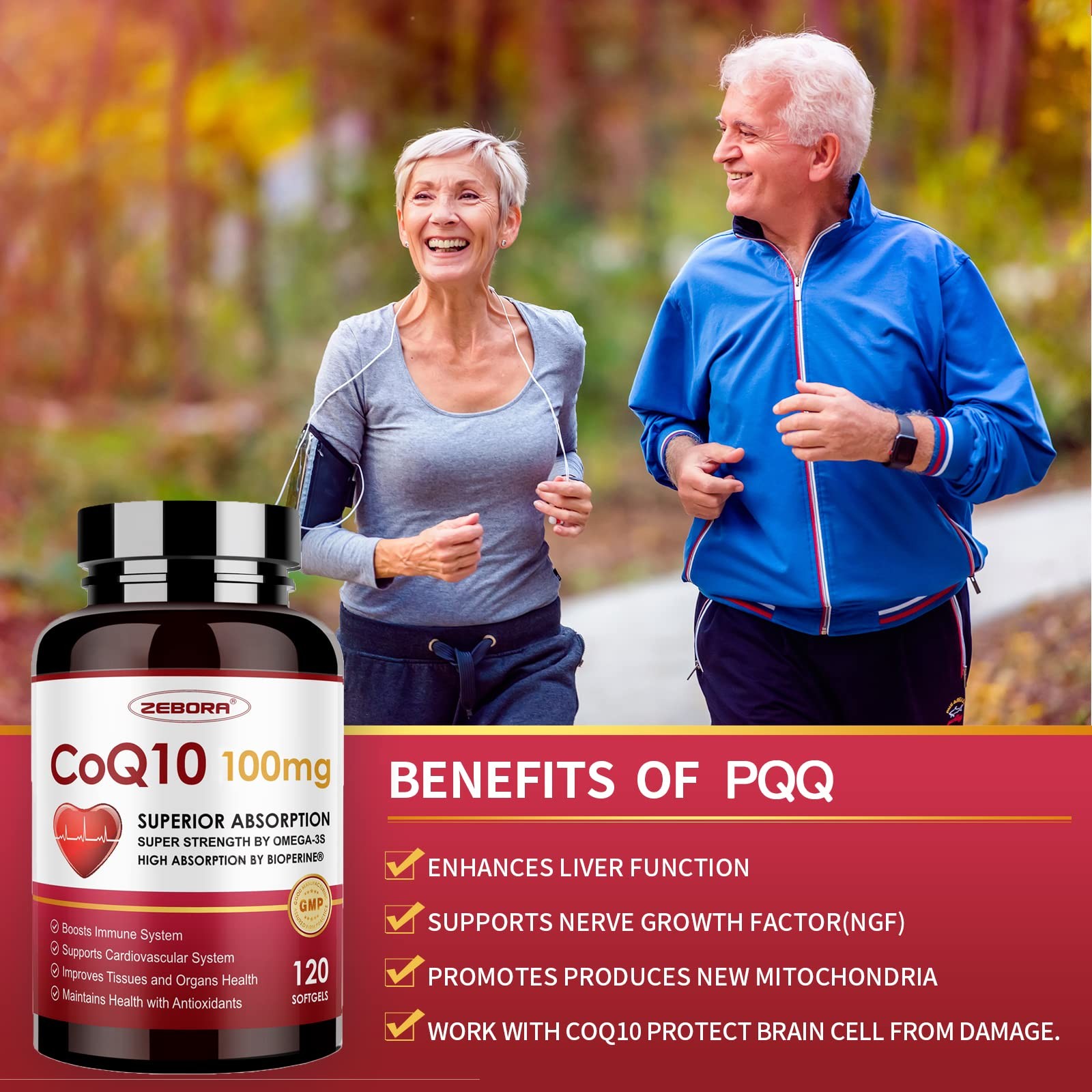 ZEBORA CoQ10-100mg-Softgels with PQQ, BioPerine 120 Count (Pack of 1), Coq10