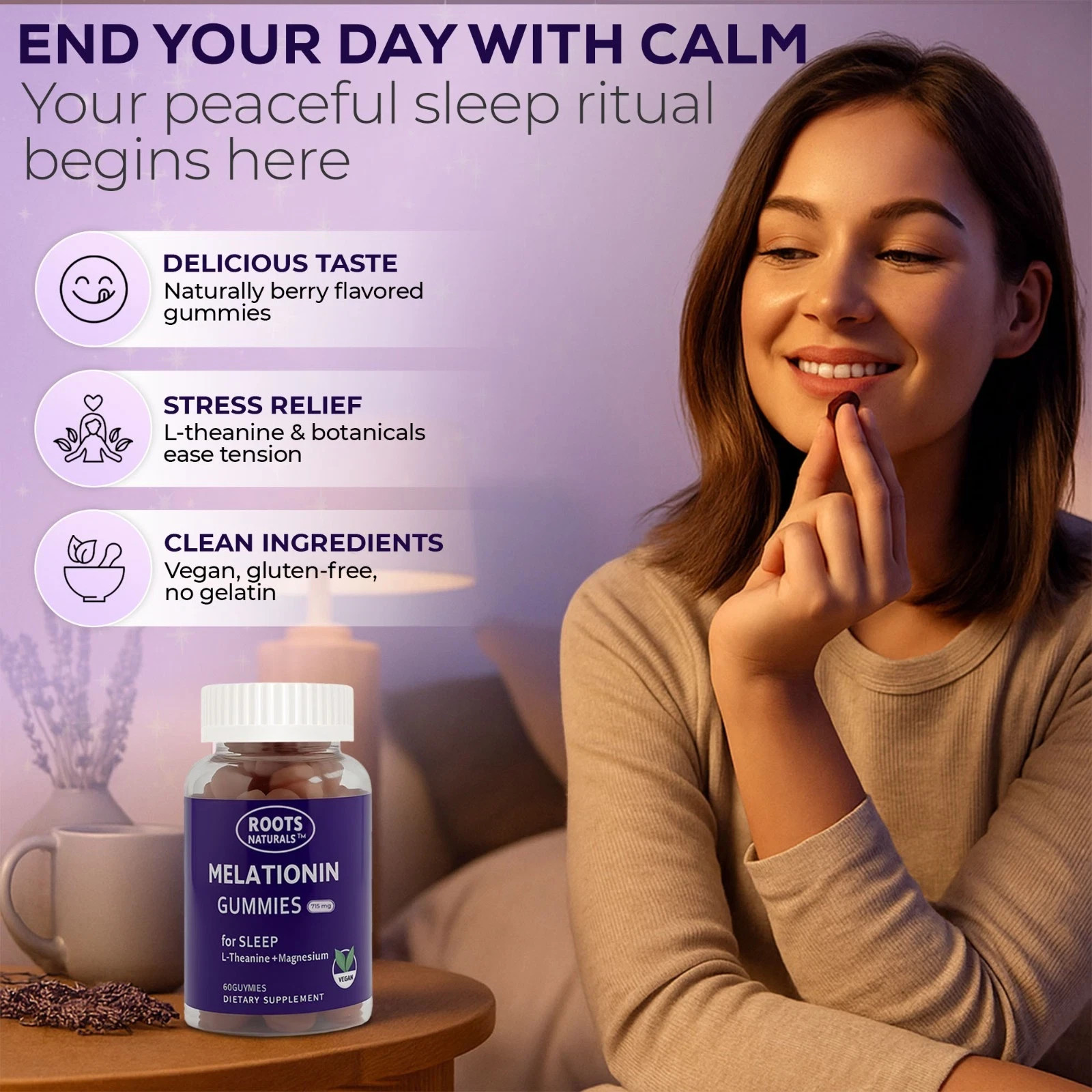 Melatonin Gummies for Sleep Roots Naturals – 60 Vegan Gummies – 715mg