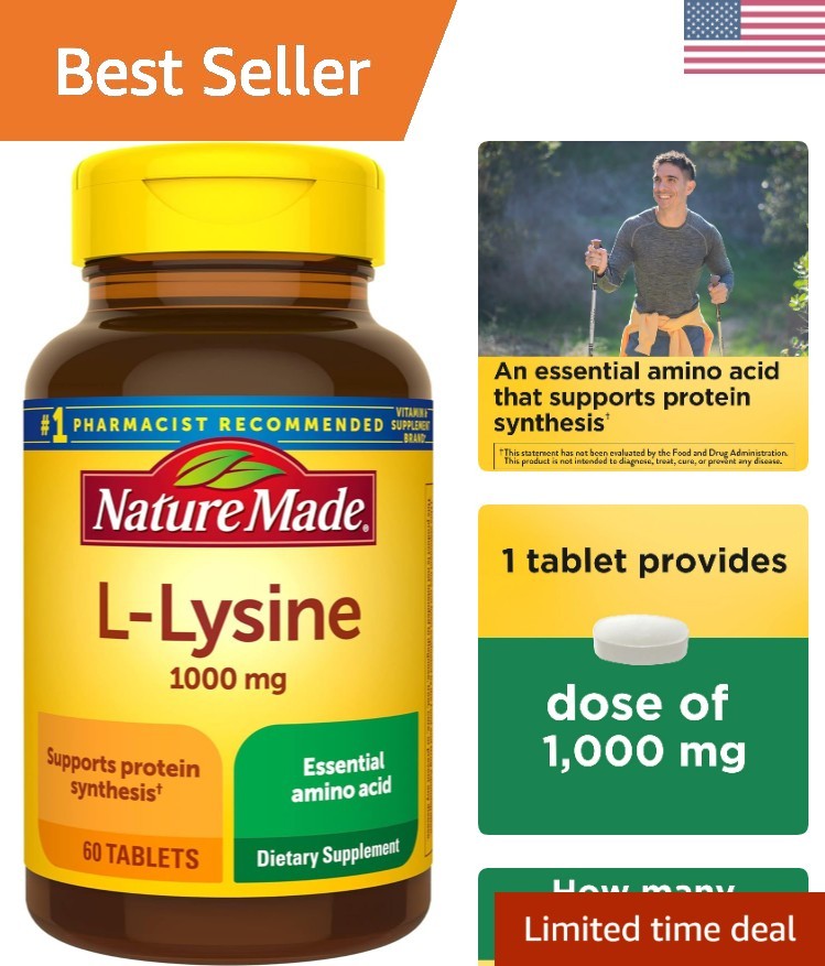 L-Lysine 1000 mg, Dietary L-Lysine Supplements, 60 Tablets, 60 Day Supply