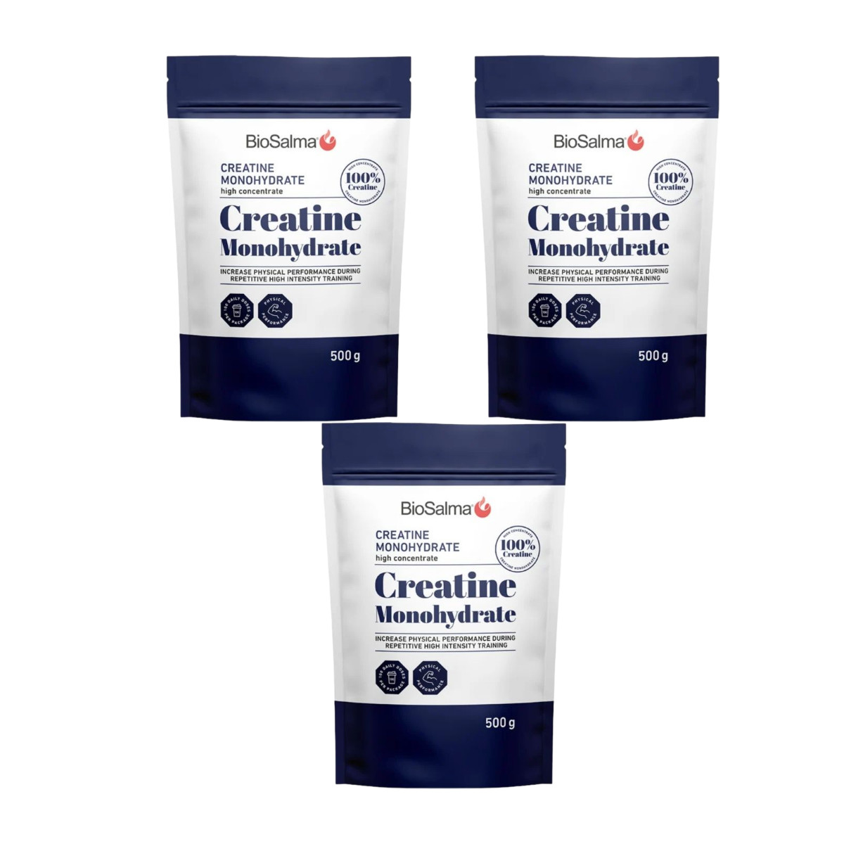 3-pack BioSalma Creatine Monohydrate 500g Pure Creatine Powder No Additives