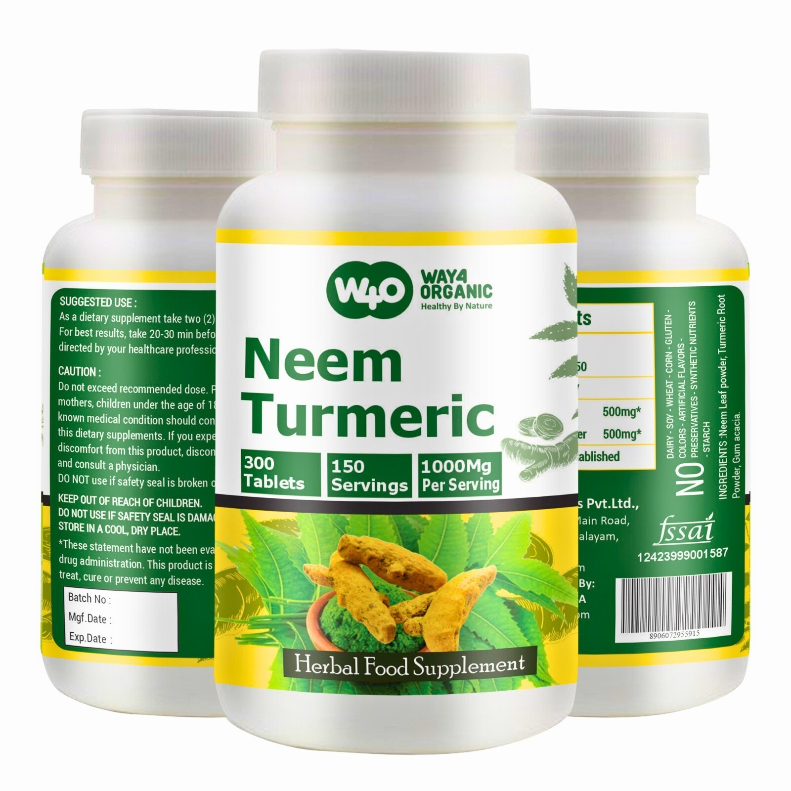 Neem Turmeric Capsules – 300 Tablets, 1000mg, Equal Ratio, 150 Servings