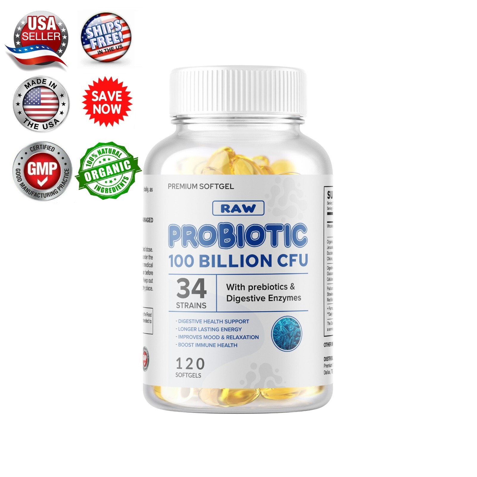 Raw Probiotics 100 Billion CFU Potency Digestive Immune Health 120 Capsules USA
