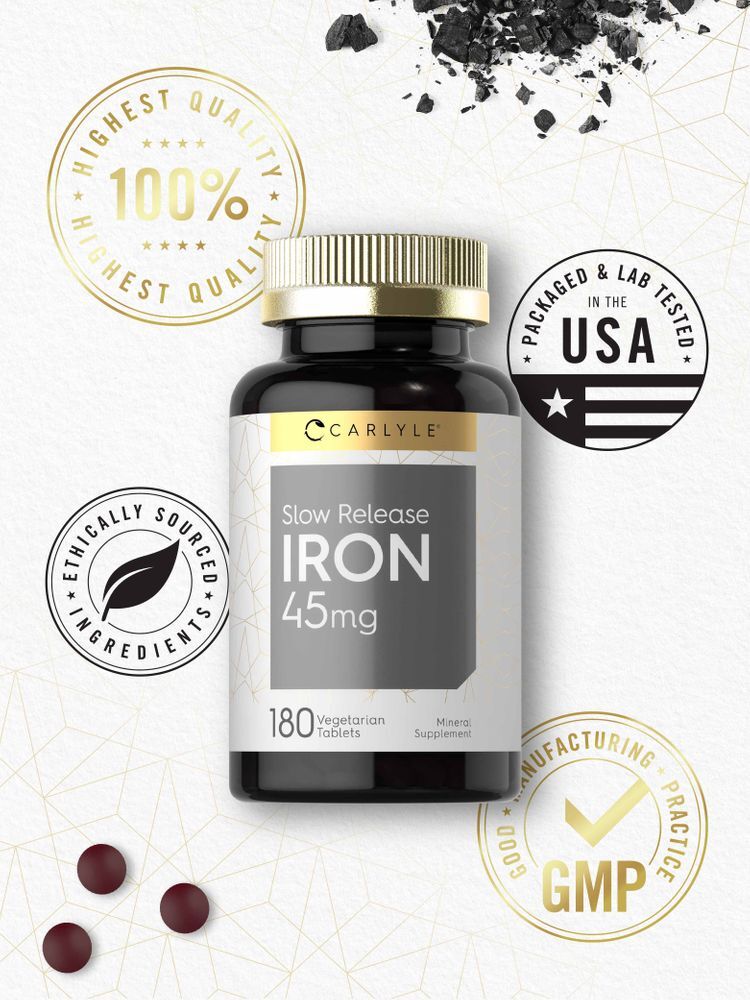 Iron 45 mg | Slow Release | 180 Tablets | Ferrous Sulfate | by Carlyle