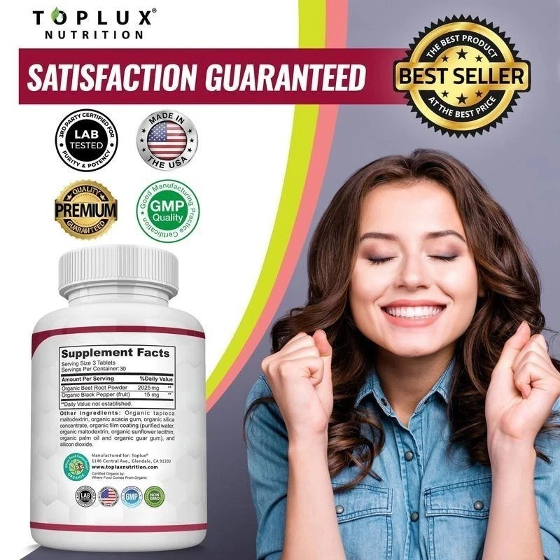 Toplux Organic Beet Root 2040mg with Black Pepper 90 Tablets Energy Circulation+