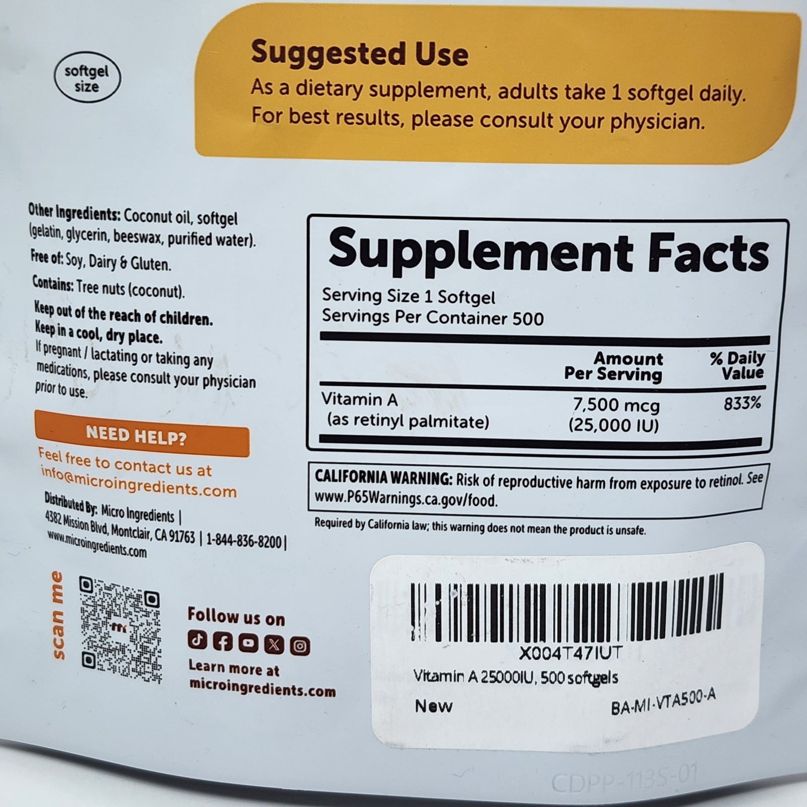Micro Ingredients Vitamin A, 25000 IU with Coconut Oil, 500 Softgels Exp 03/2028