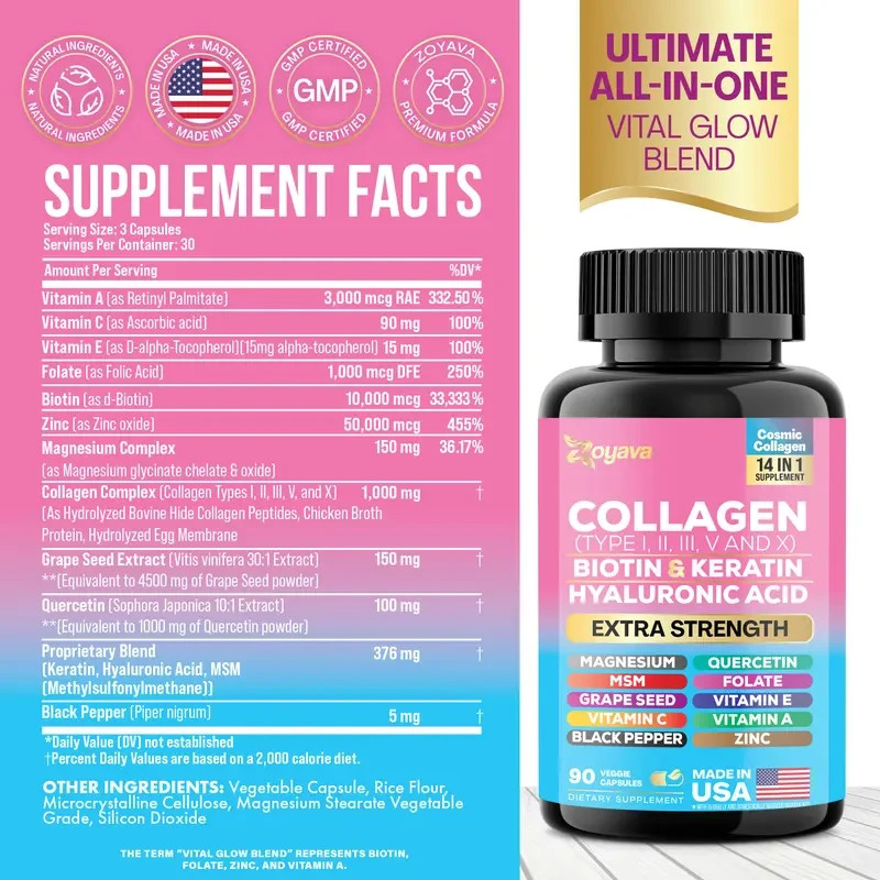 Zoyava Multi Collagen Capsules Type I II III V X Biotin Keratin Hair Skin Nail