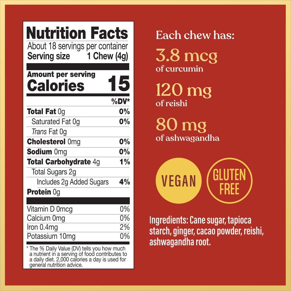 Calmer Cacao Adaptogenic Ginger Chews Dark Cacao Ashwagandha Stress Relief 2.5Oz