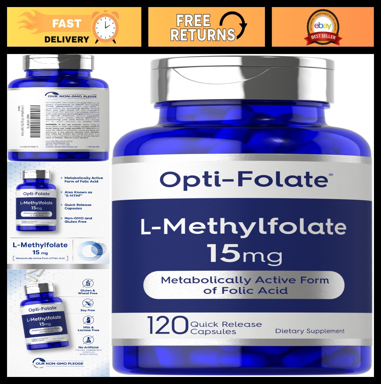 15mg Methylfolate Capsules | 120 Count | Non-GMO, Gluten Free | Max Potency Supp
