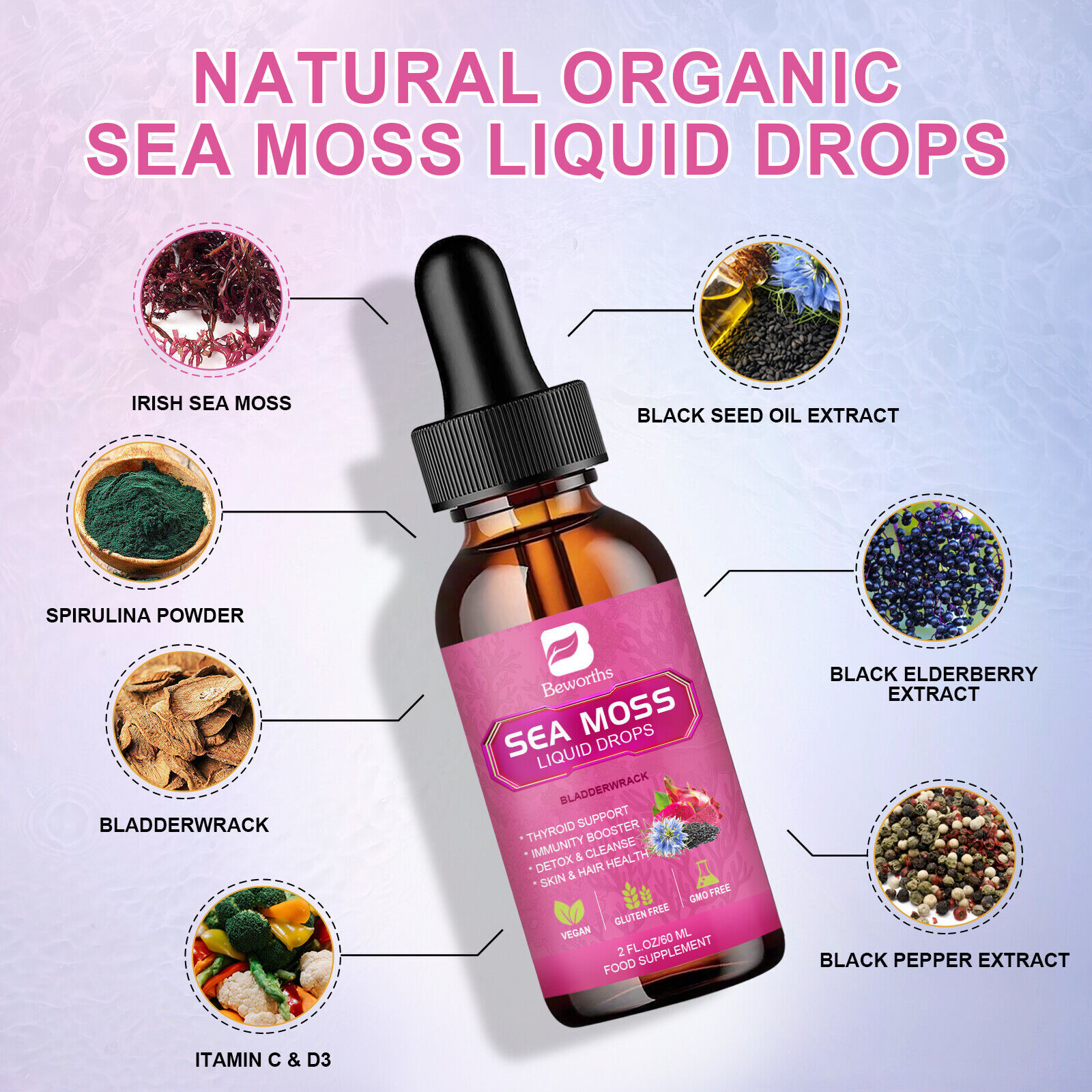 2Bottles Sea Moss Drops with Organic Soursop Supplement Liquid Drops 60ml*2