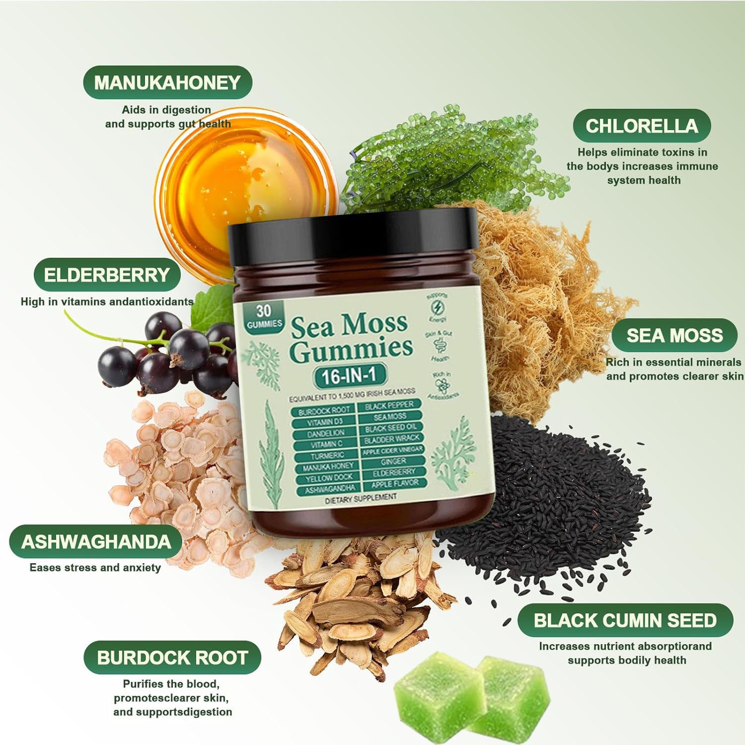 16 in 1 Organic Sea Moss Gummy | Irishmoss Extract 6000Mg | Green Apple Flavor