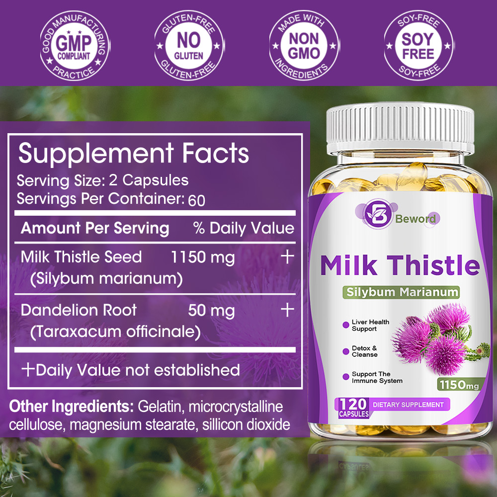 Milk Thistle Liver Cleanse Detox Herbal Liver Support Supplement 120 Capsules