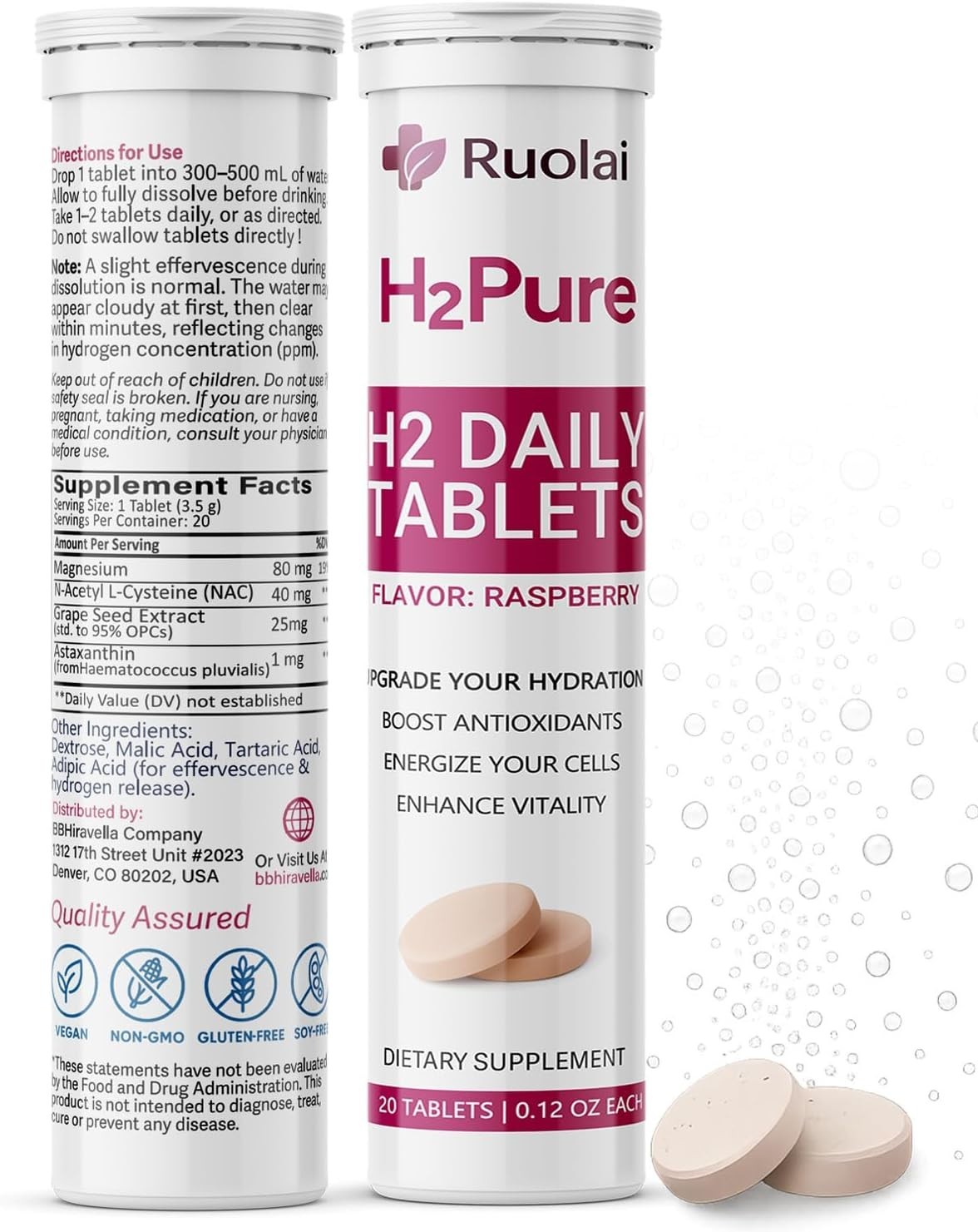 Ruolai H2pure Hydrogen Tablets – H2 Tabs – Fast-Dissolving Cellular Hydration