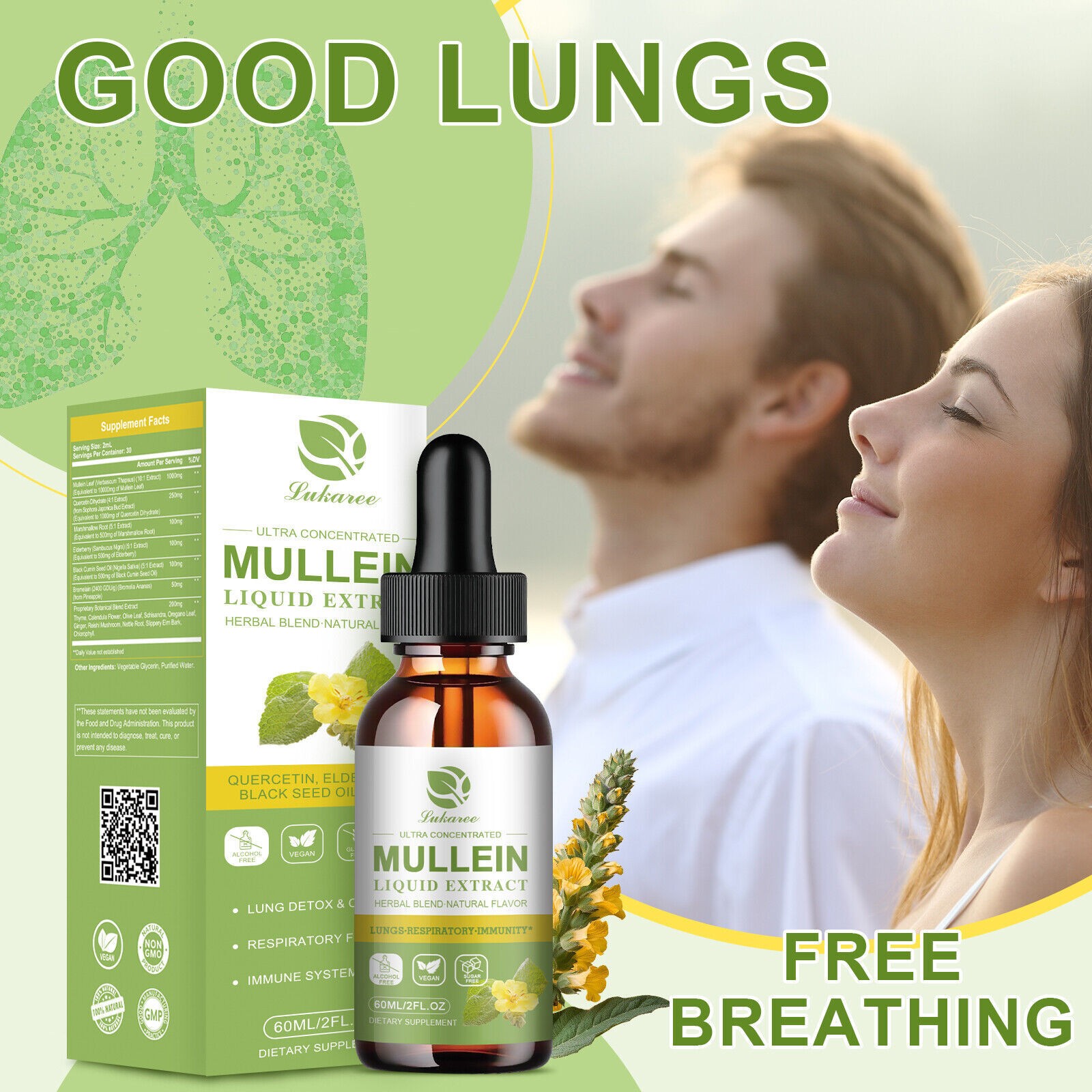 60ML Mullein Leaf Extract Natural Drops Healthy Lung Cleanse Respiratory 2 Pack