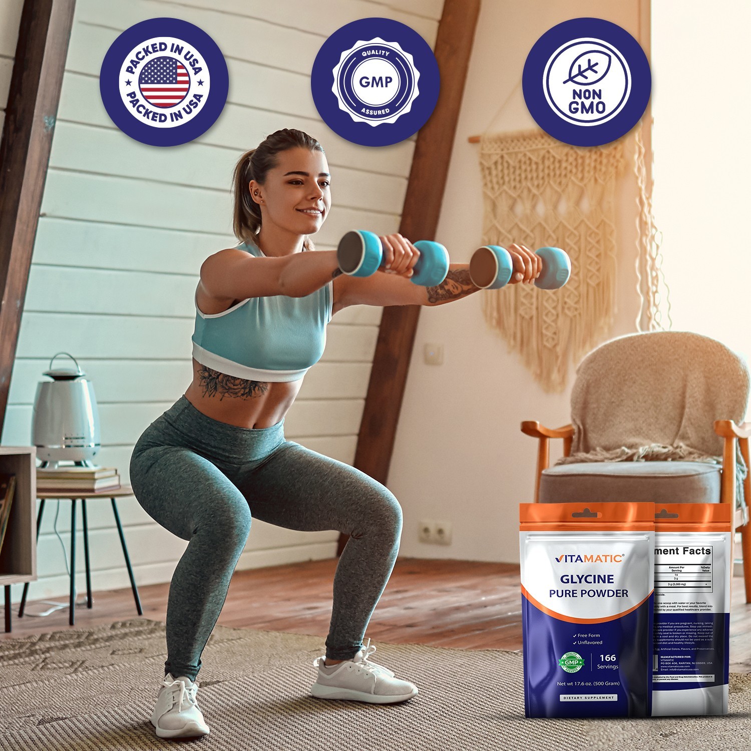 Vitamatic Glycine Powder – 3,000 mg Per Serving – 17.6 Oz (500 g)