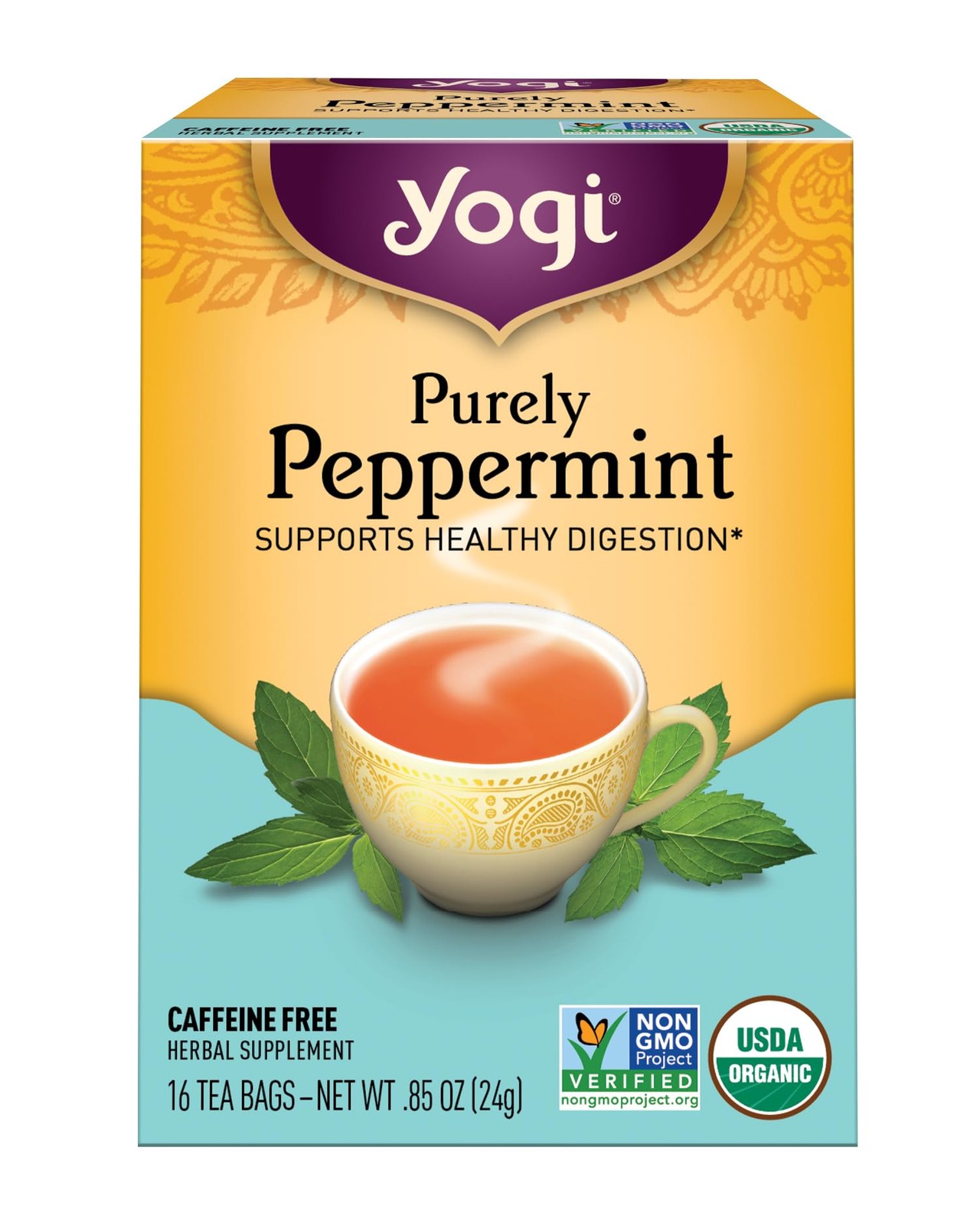 Yogi Purely Peppermint Tea Organic Herbal Caffeine Free 16 Count Pack