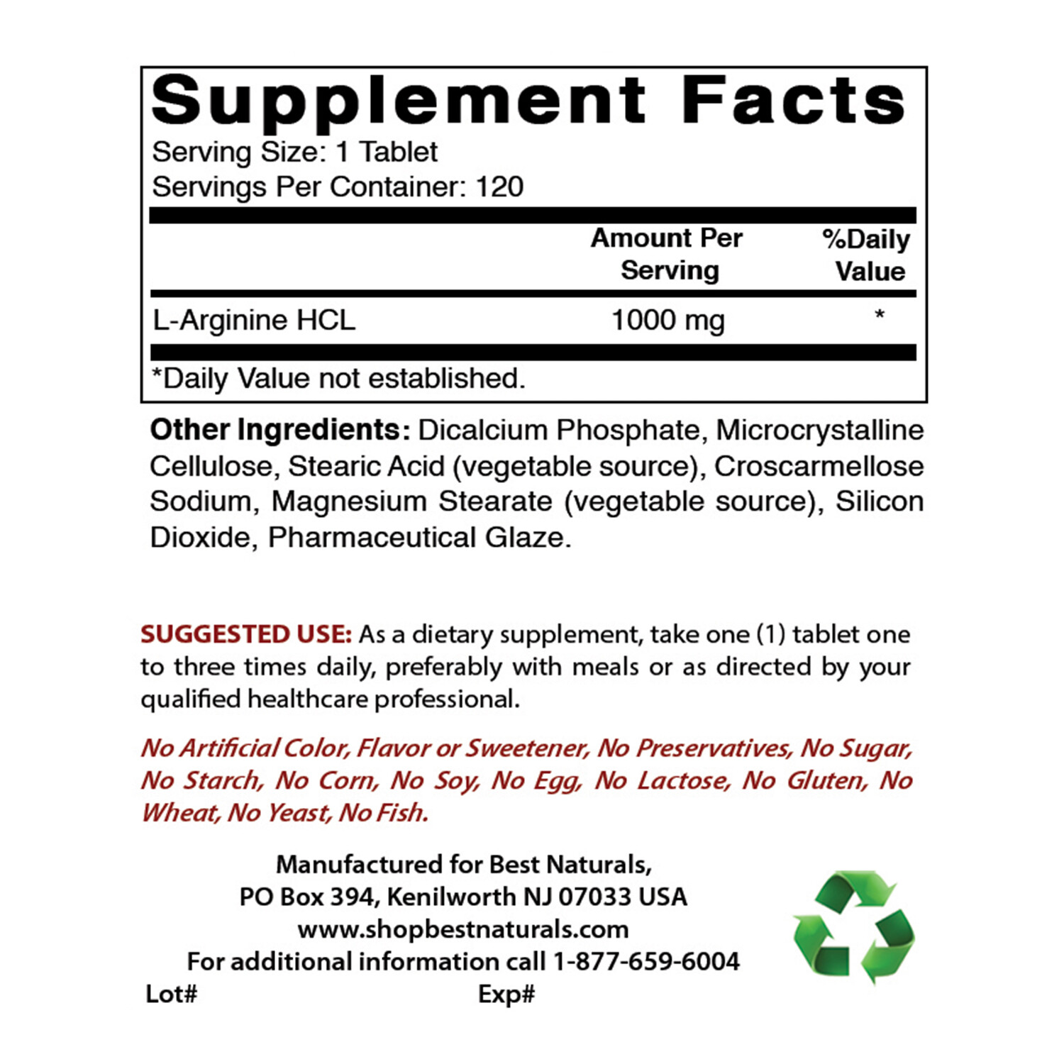 Best Naturals L-Arginine 1000mg 120 Tablets