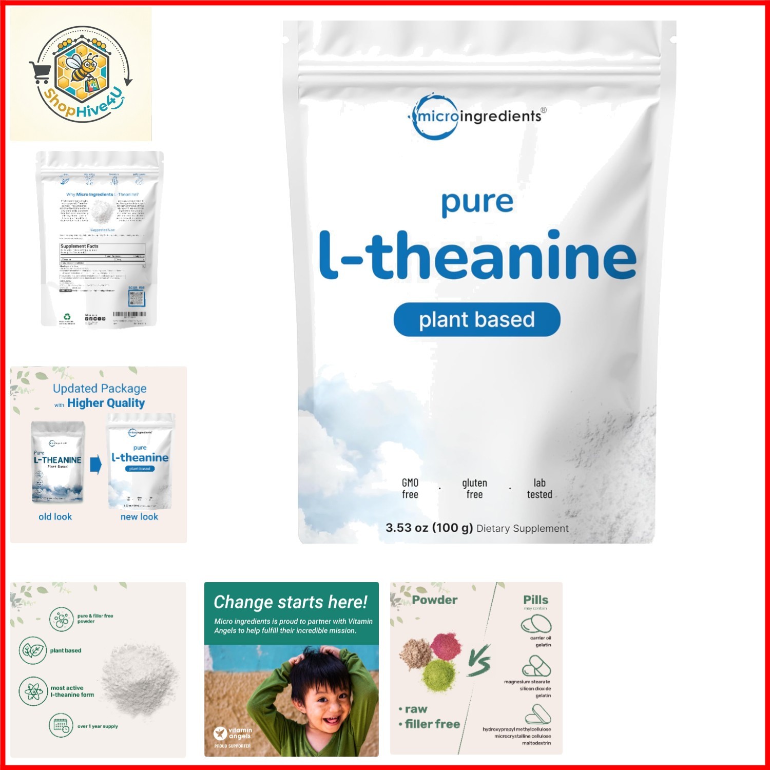 Pure L-Theanine Powder, 100 Grams 1 Supply, Filler Free, No GMOs and Friendly