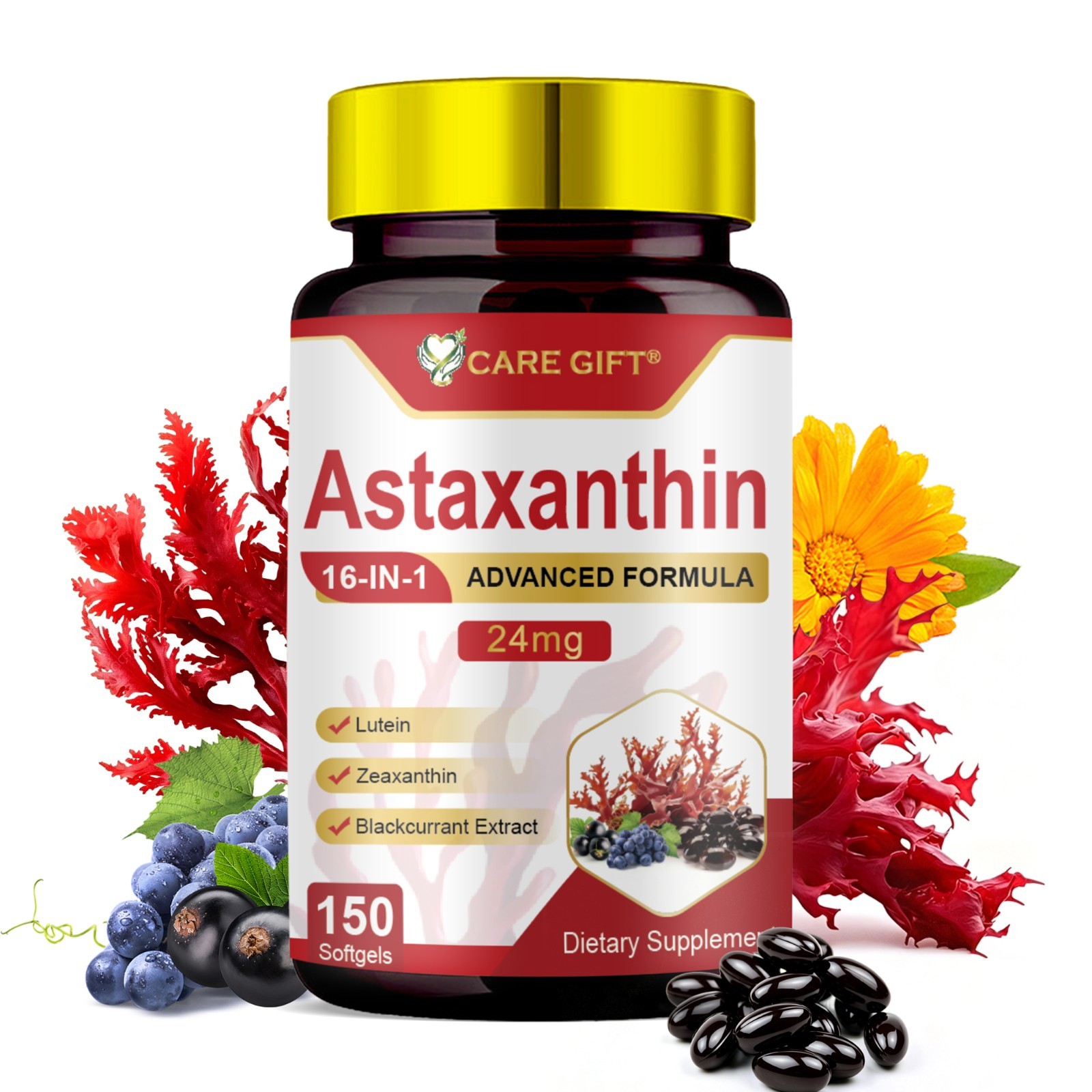 Premium Astaxanthin 24mg 150 Softgels: 16-in-1 Eye, Skin & Brain Antioxidant