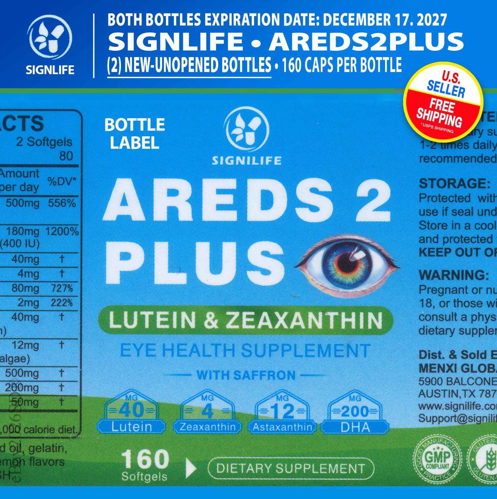 (2) Bottles • AREDS 2 Plus Eye Vitamins • w/Lutein, Zeaxanthin and Astaxanthin