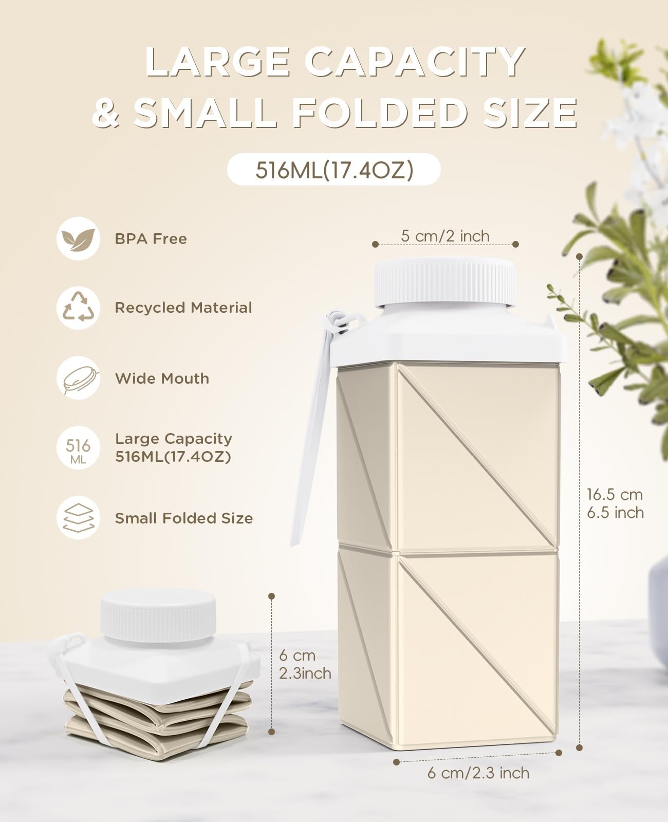 Mefold Collapsible Water Bottles 17.4oz(516ML), 17.4 Ounces, Champagne White