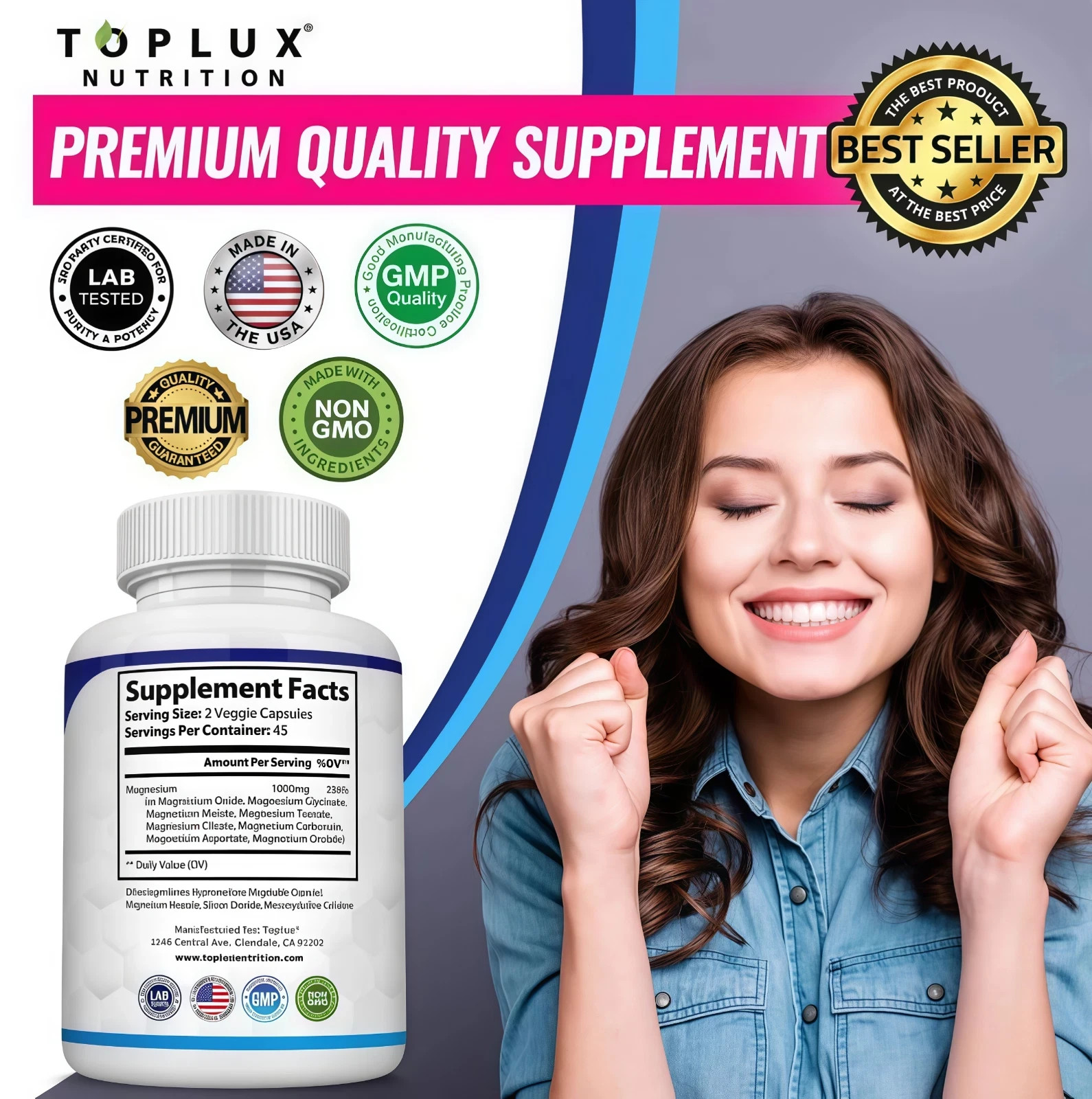3Pack Toplux Nutrition Magnesium Complex 1000mg Supports 8 Elemental Magnesium