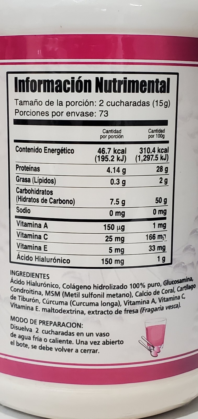 Hyaluronic Acid/Acido Hiauluronico w/Hidrolized Colagen {Strawberry } Powder 1Kg