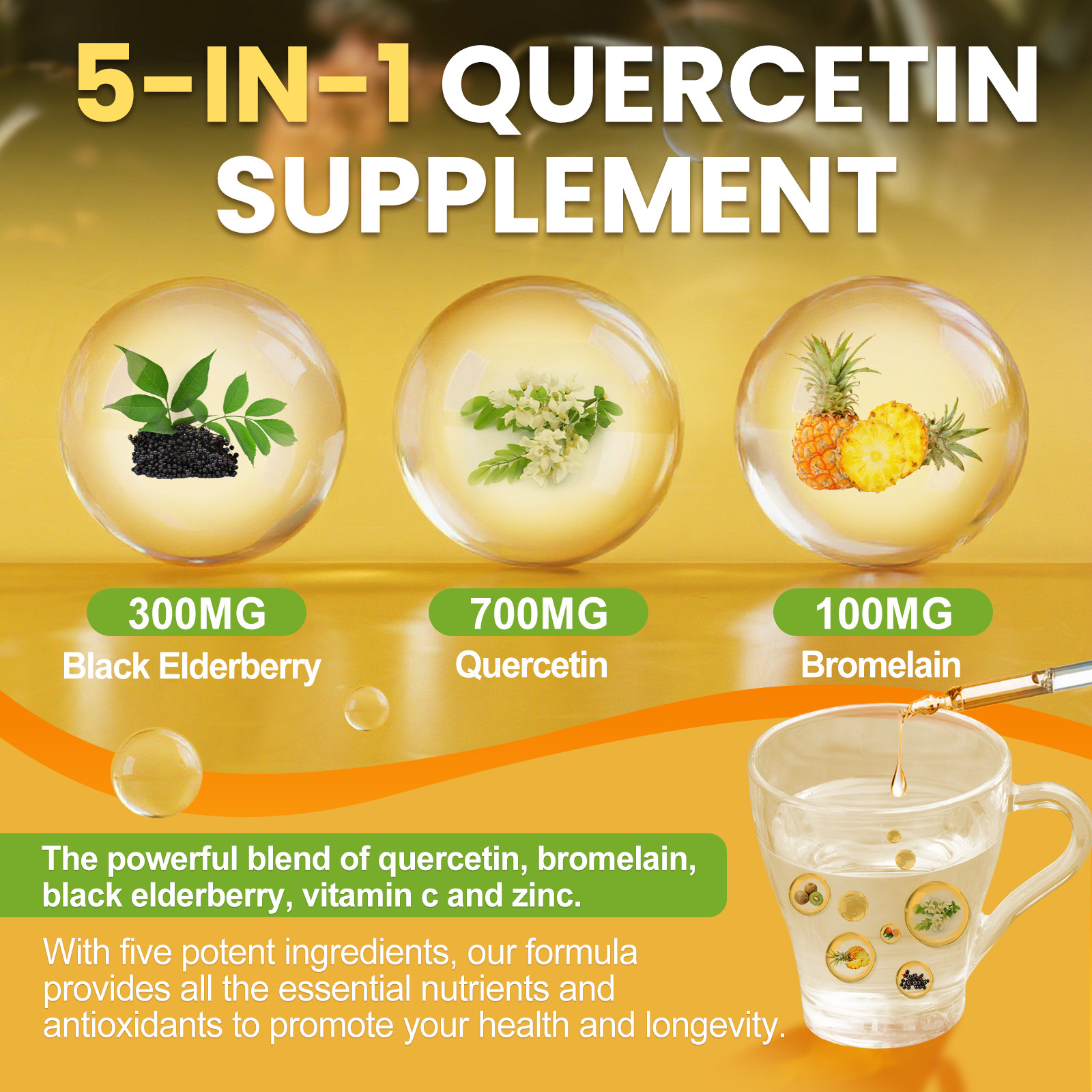 5-in-1 Vegan Quercetin Liquid Drops with Zinc, Bromelain Immune Support 2 fl oz